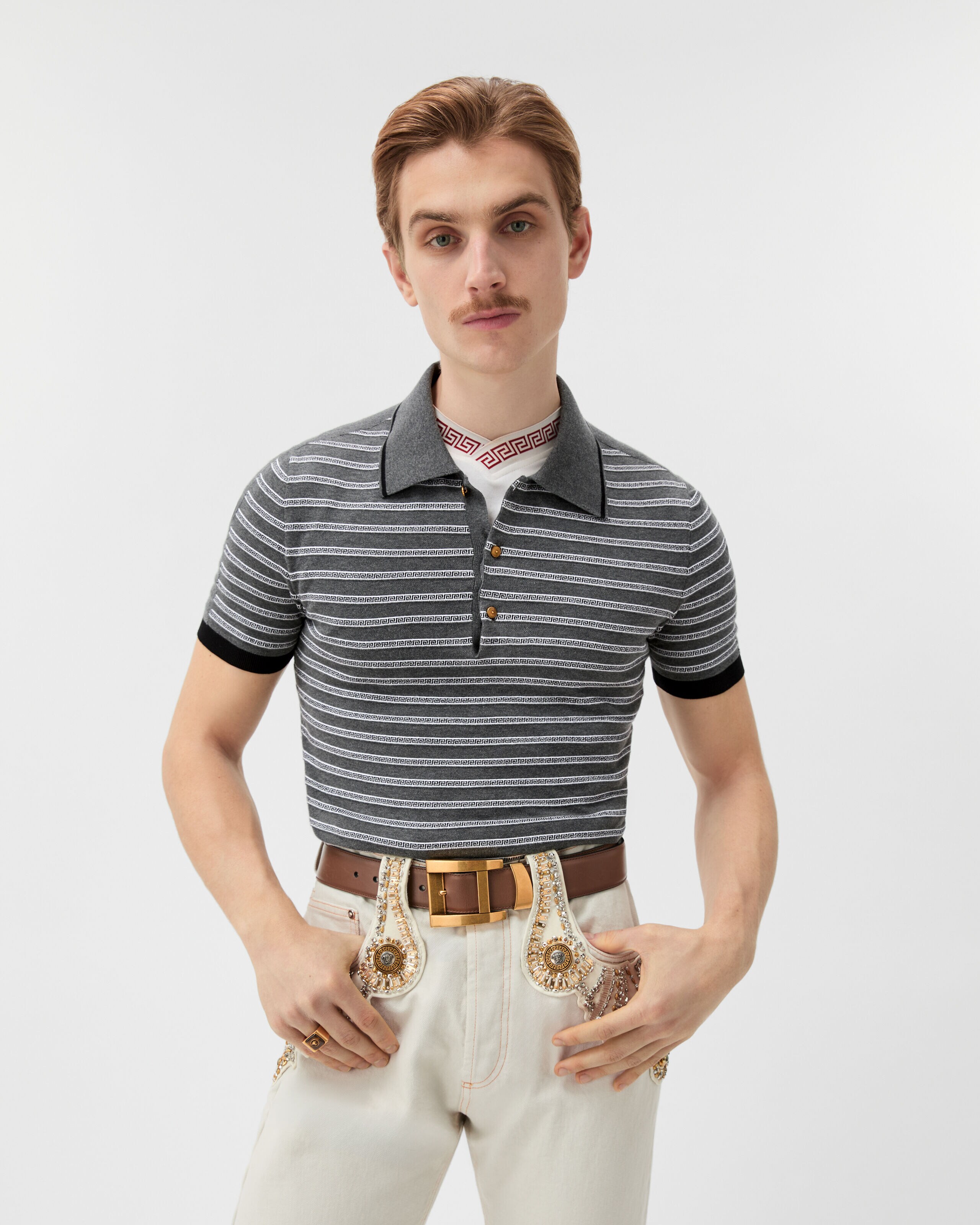 Jacquard Cotton-Blend Knit Polo Gray | VERSACE US