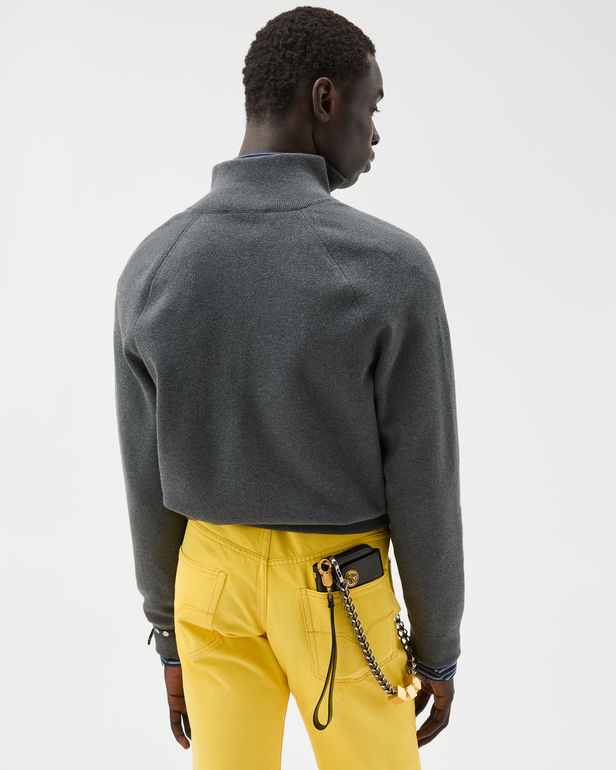 Embroidered Jacquard Cotton Knit Zip Sweater Gray | VERSACE
