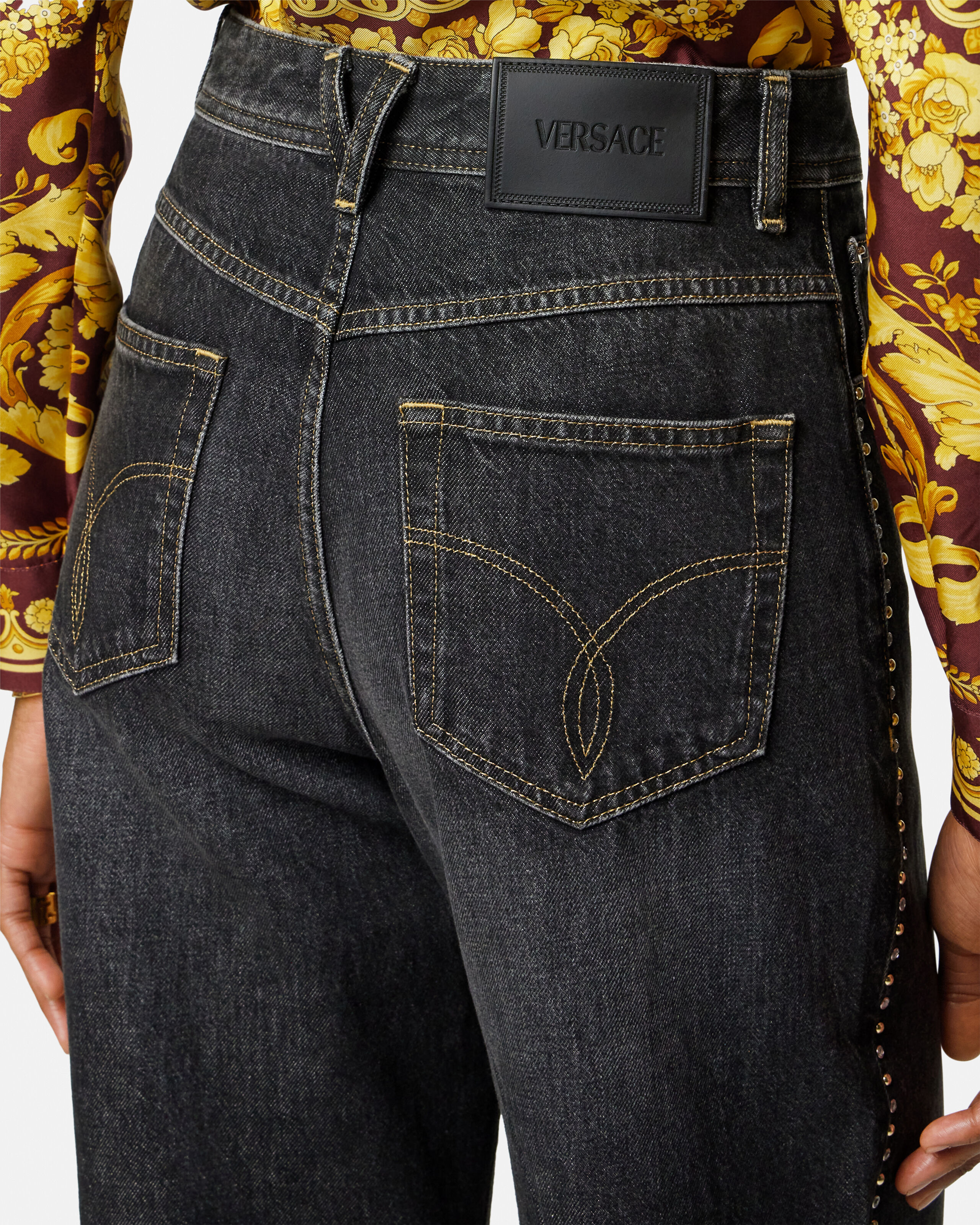 Embellished High-Waist Regular Jeans Black | VERSACE US