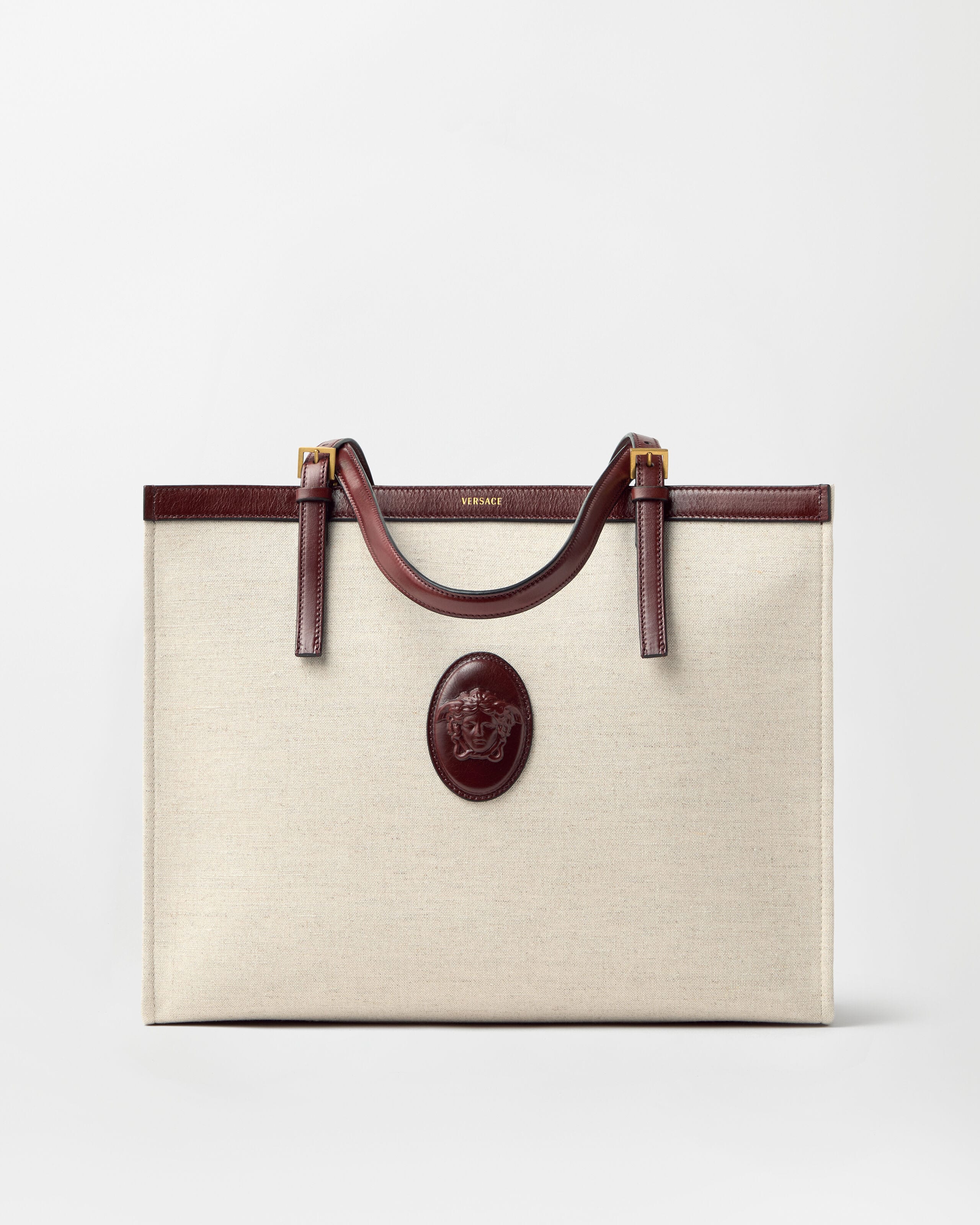 Rivière Large Canvas Tote Brown,Beige | VERSACE US