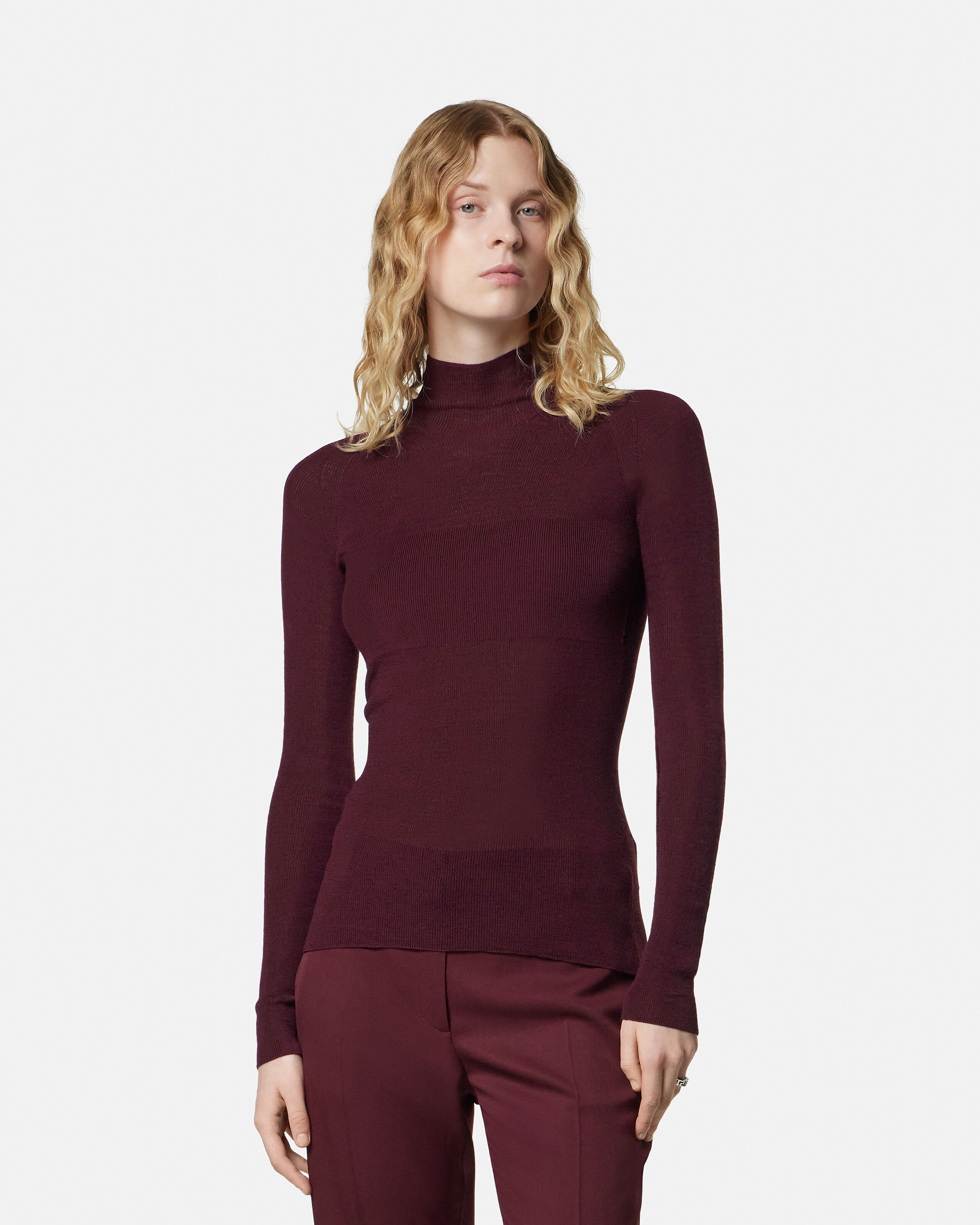 Merino Wool Fitted Ribbed Knit Top Burgundy | VERSACE IN
