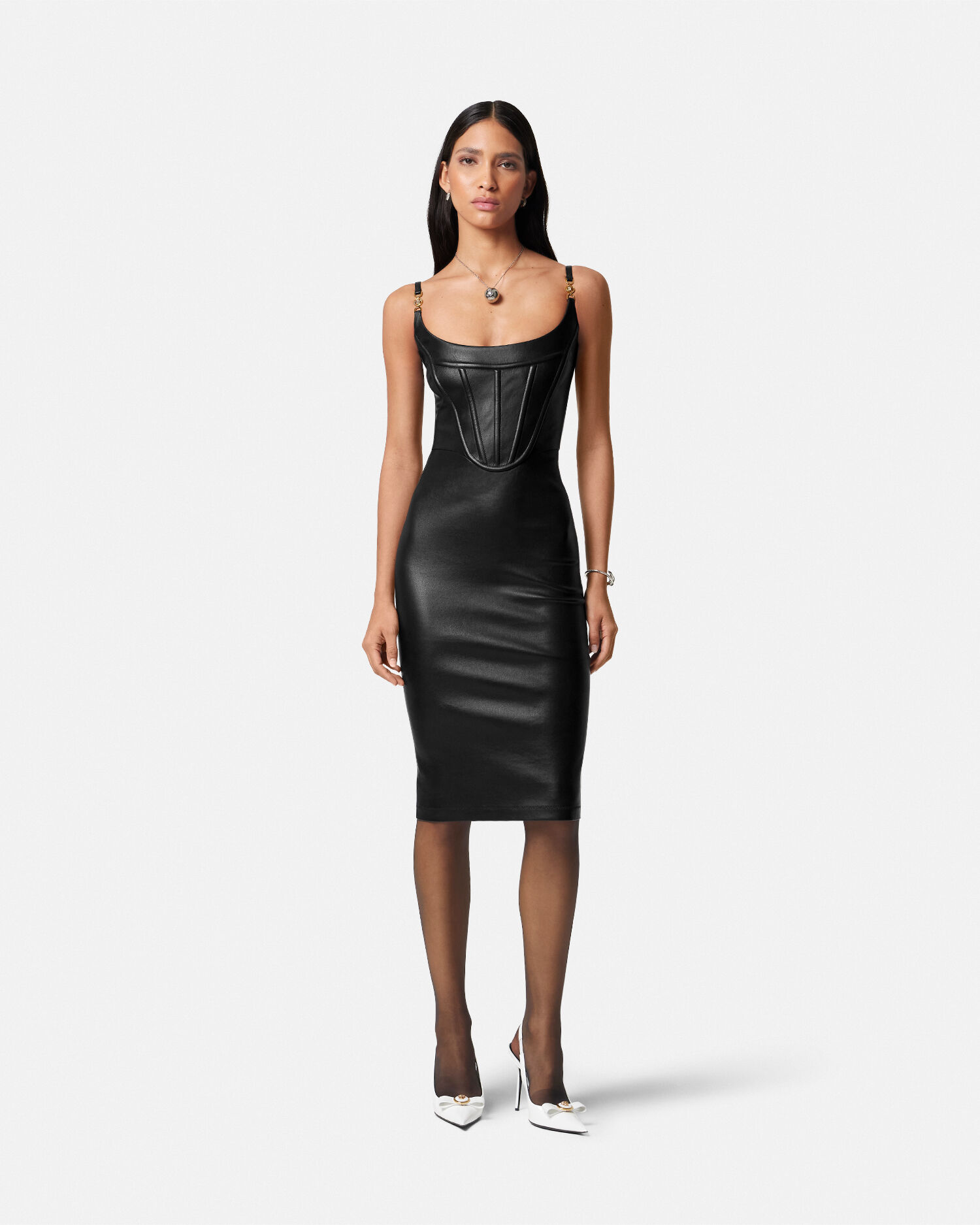 Leather Corset Midi Dress Black | VERSACE US