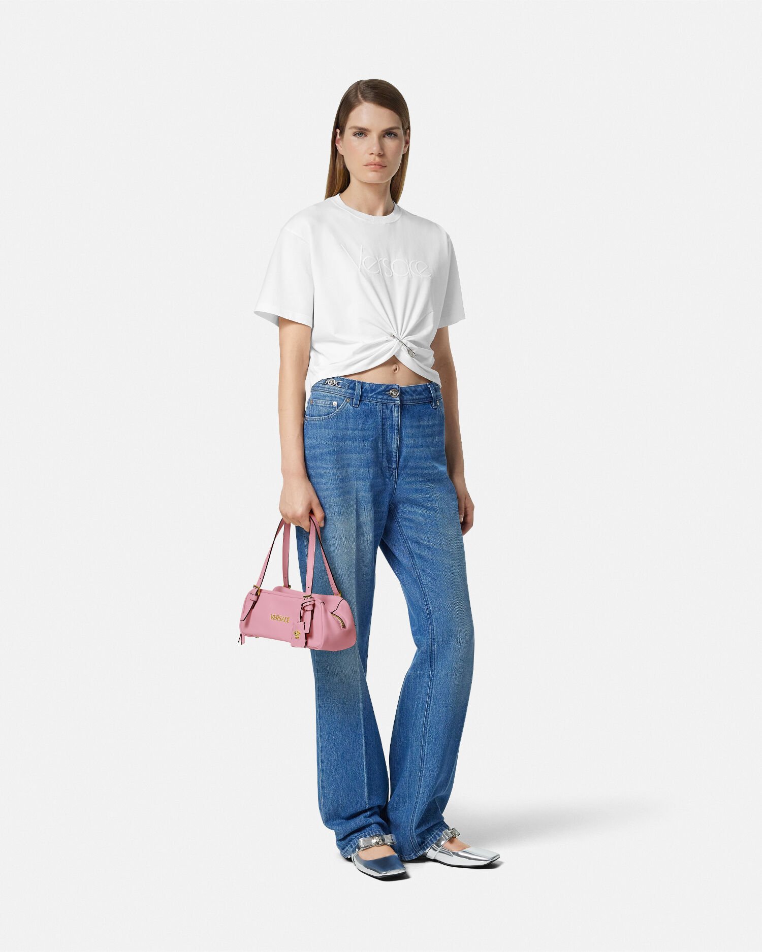 Versace Tag Nappa Bowling Bag Pink | VERSACE US