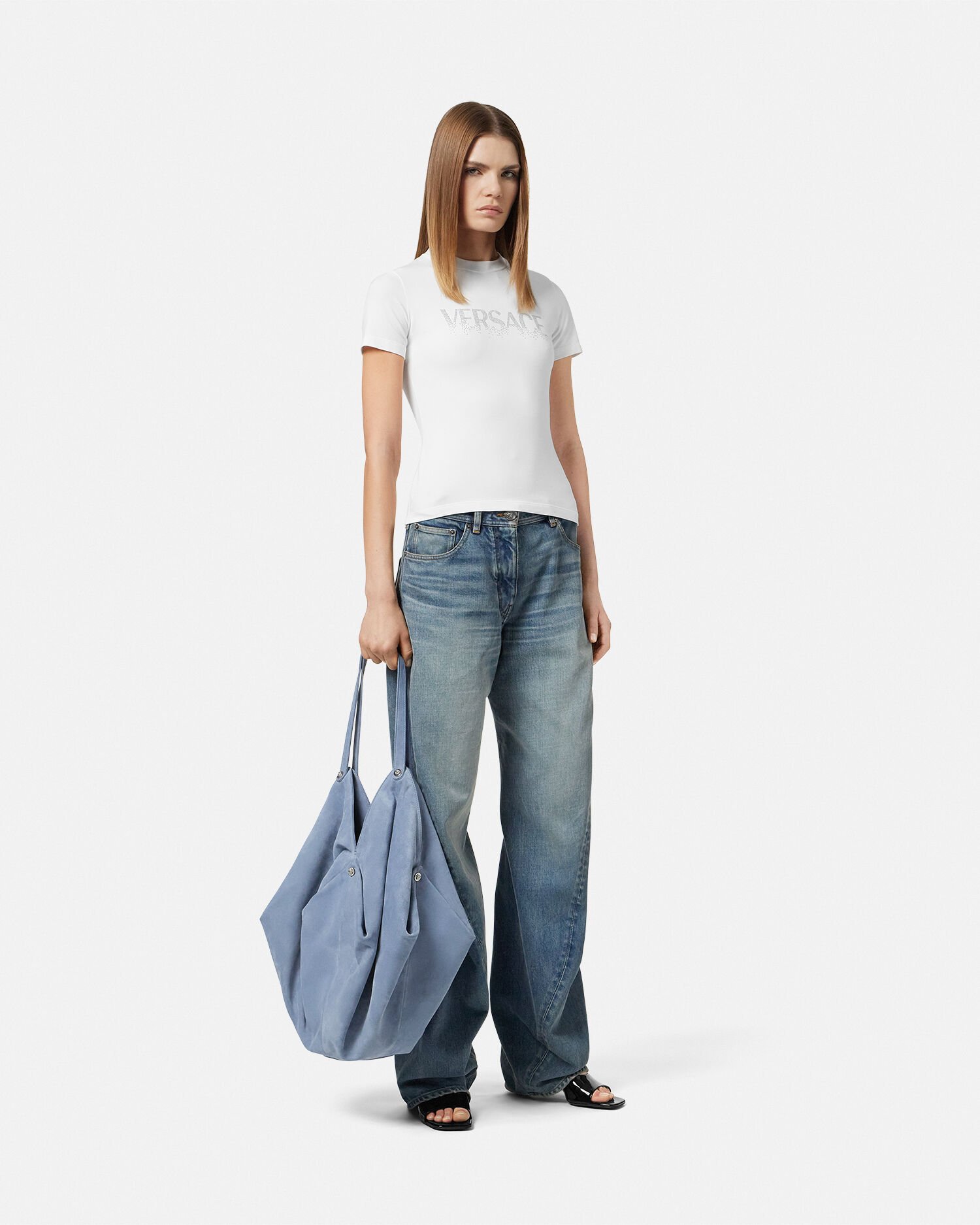 Protea Large Suede Shoulder Bag Blue | VERSACE US