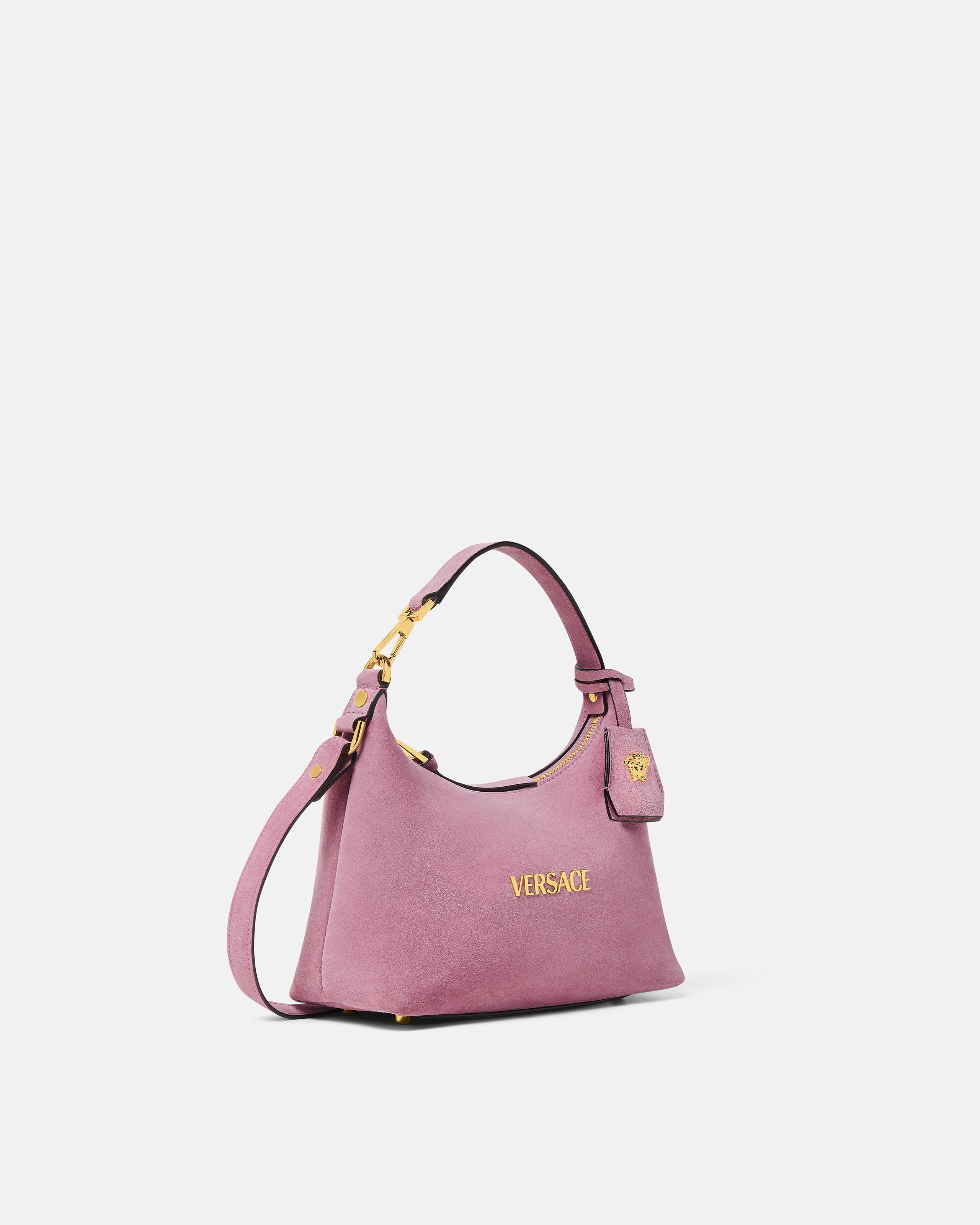Versace Tag Suede Hobo Bag Pink,Gold | VERSACE CA