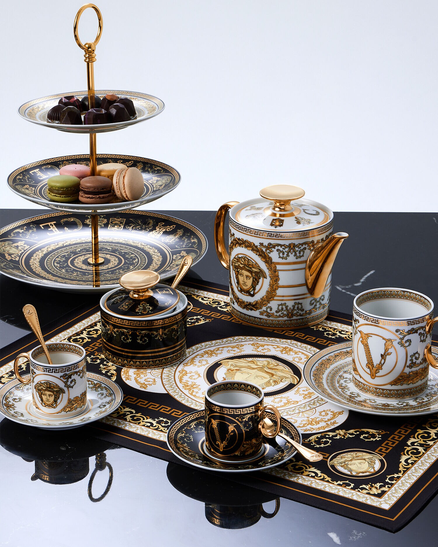 Virtus Gala Black Espresso Cup & Saucer Black,Gold | VERSACE US