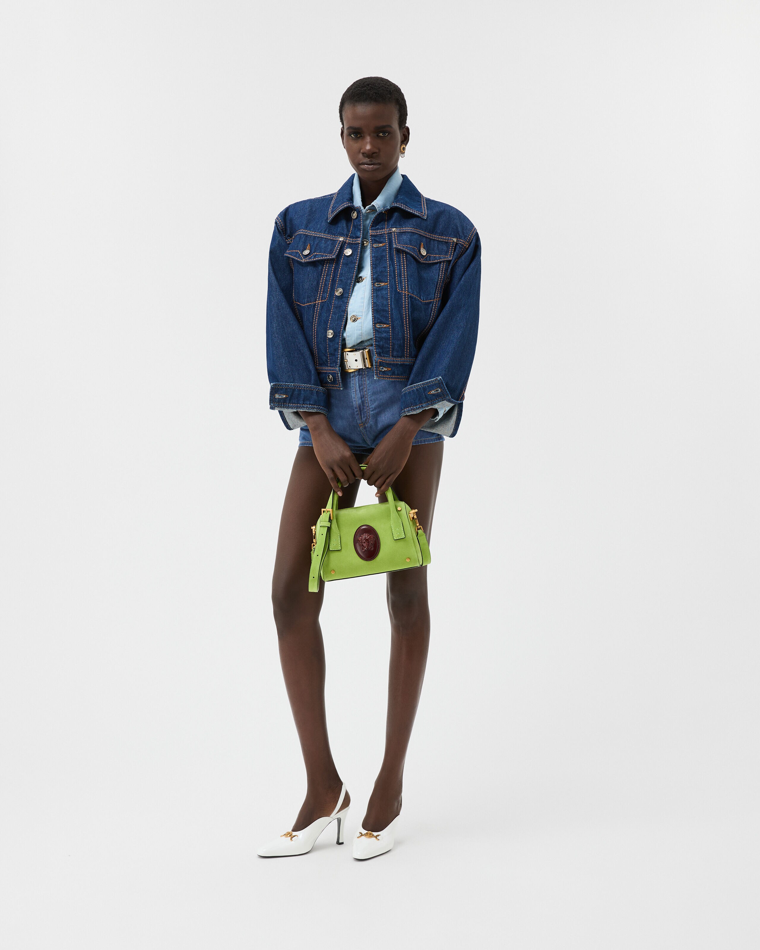 Chambray Denim Mini Shorts Blue | VERSACE US