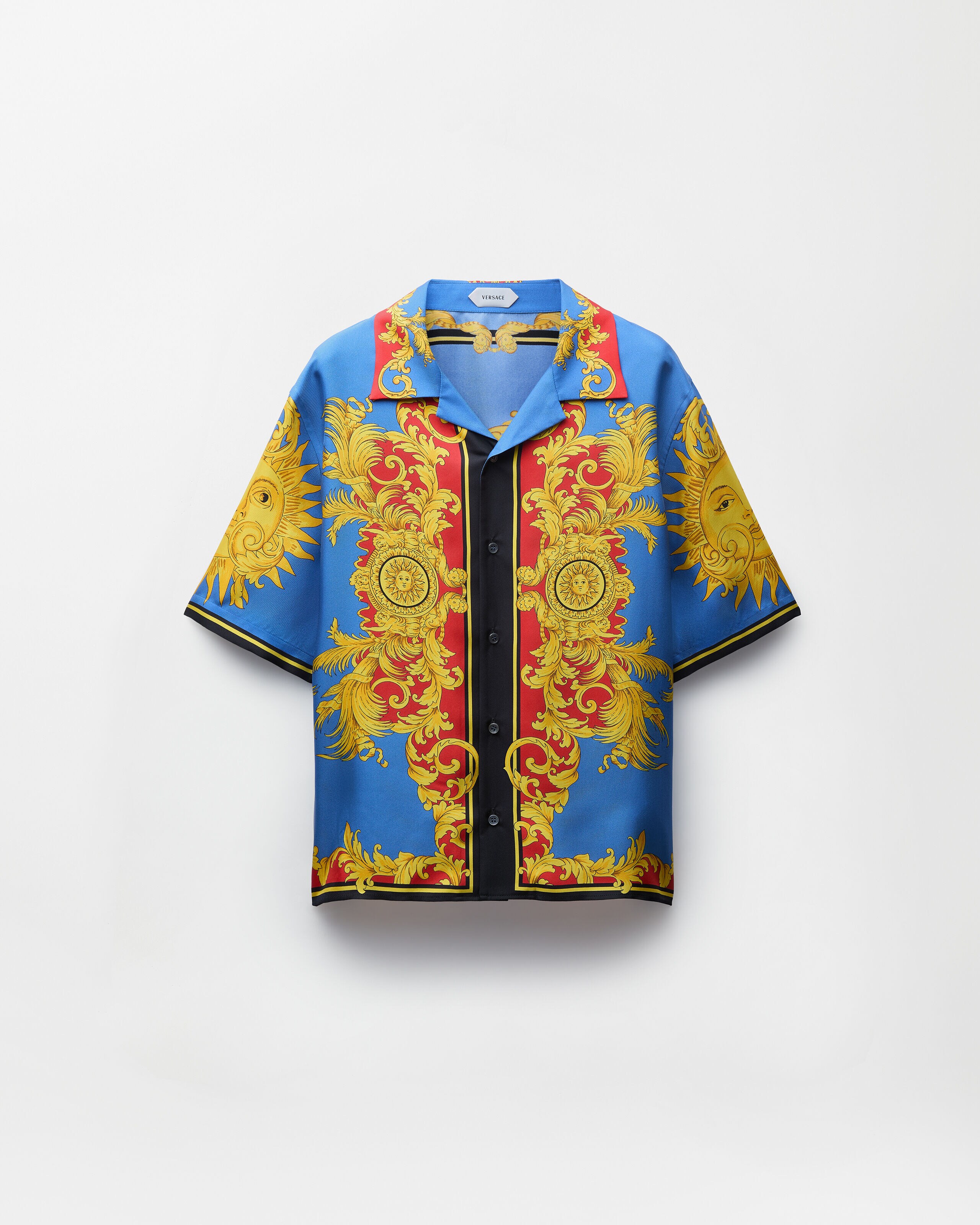 Printed Silk Twill Shirt Blue,Print | VERSACE US