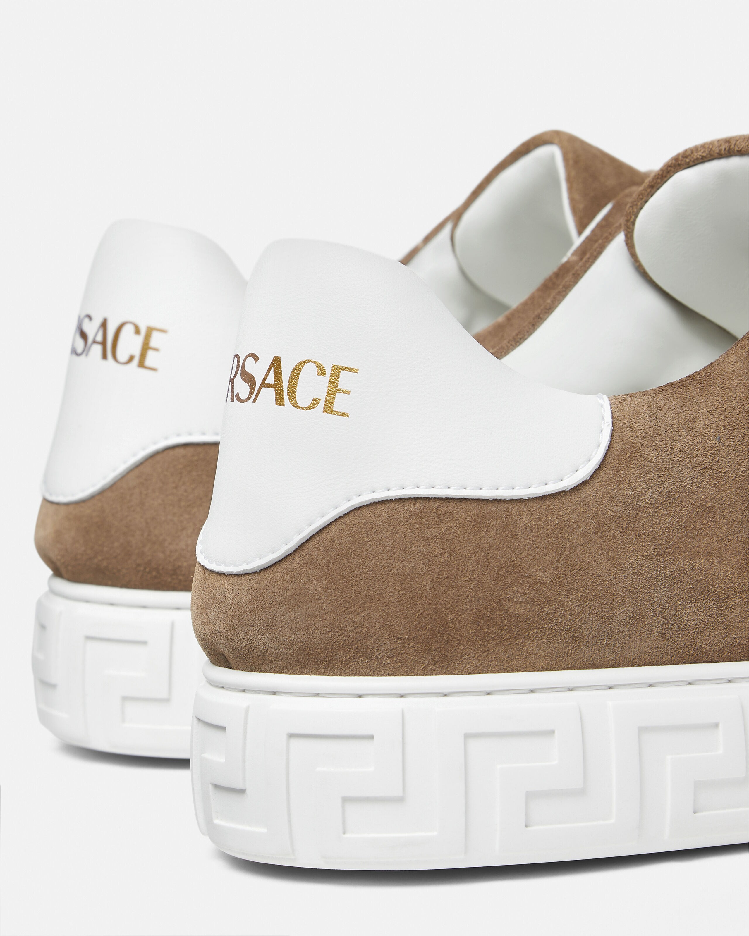 Greca Embellished Suede Sneakers Brown,White | VERSACE US