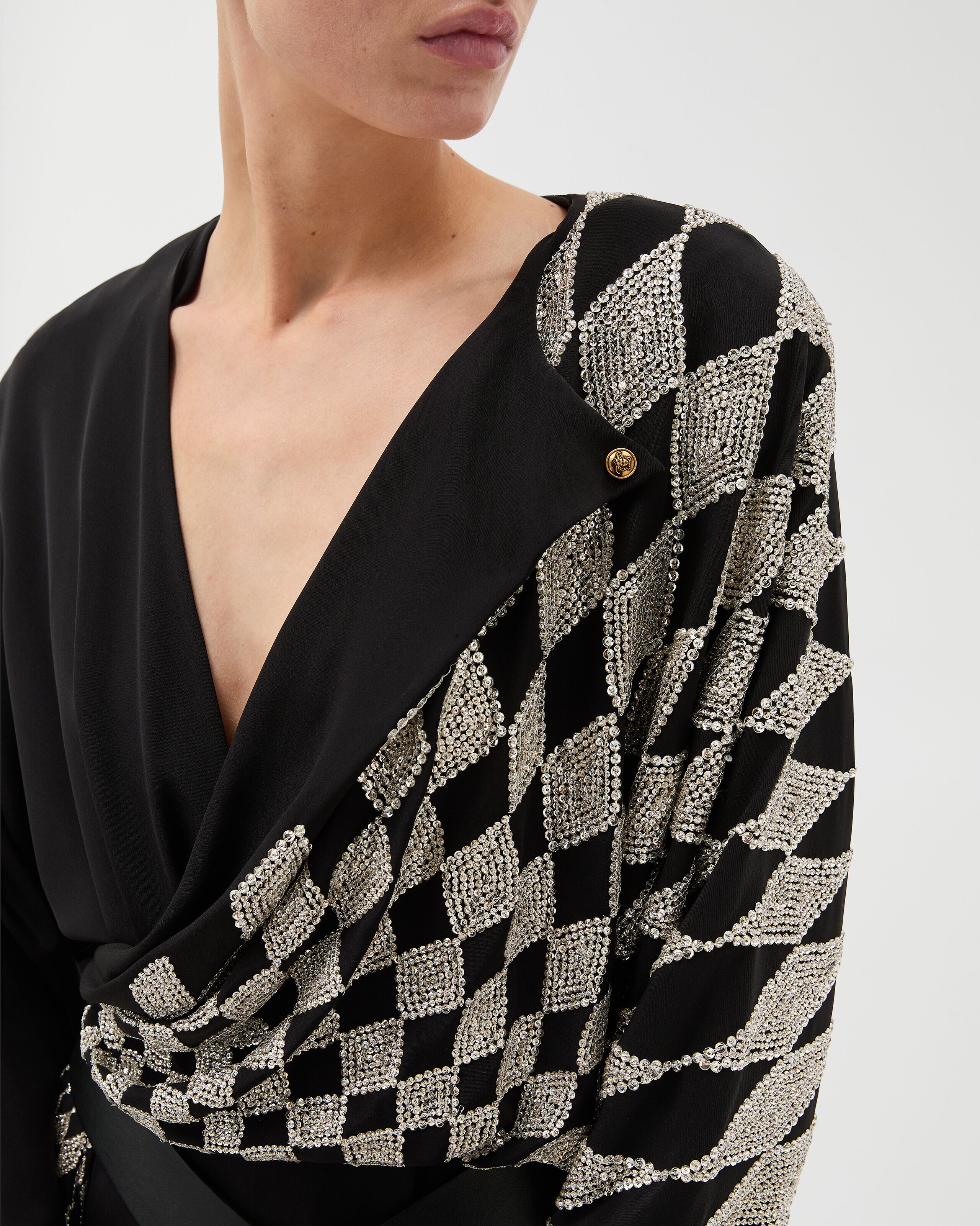 Embroidered Silk Midi Evening Dress Black | VERSACE US
