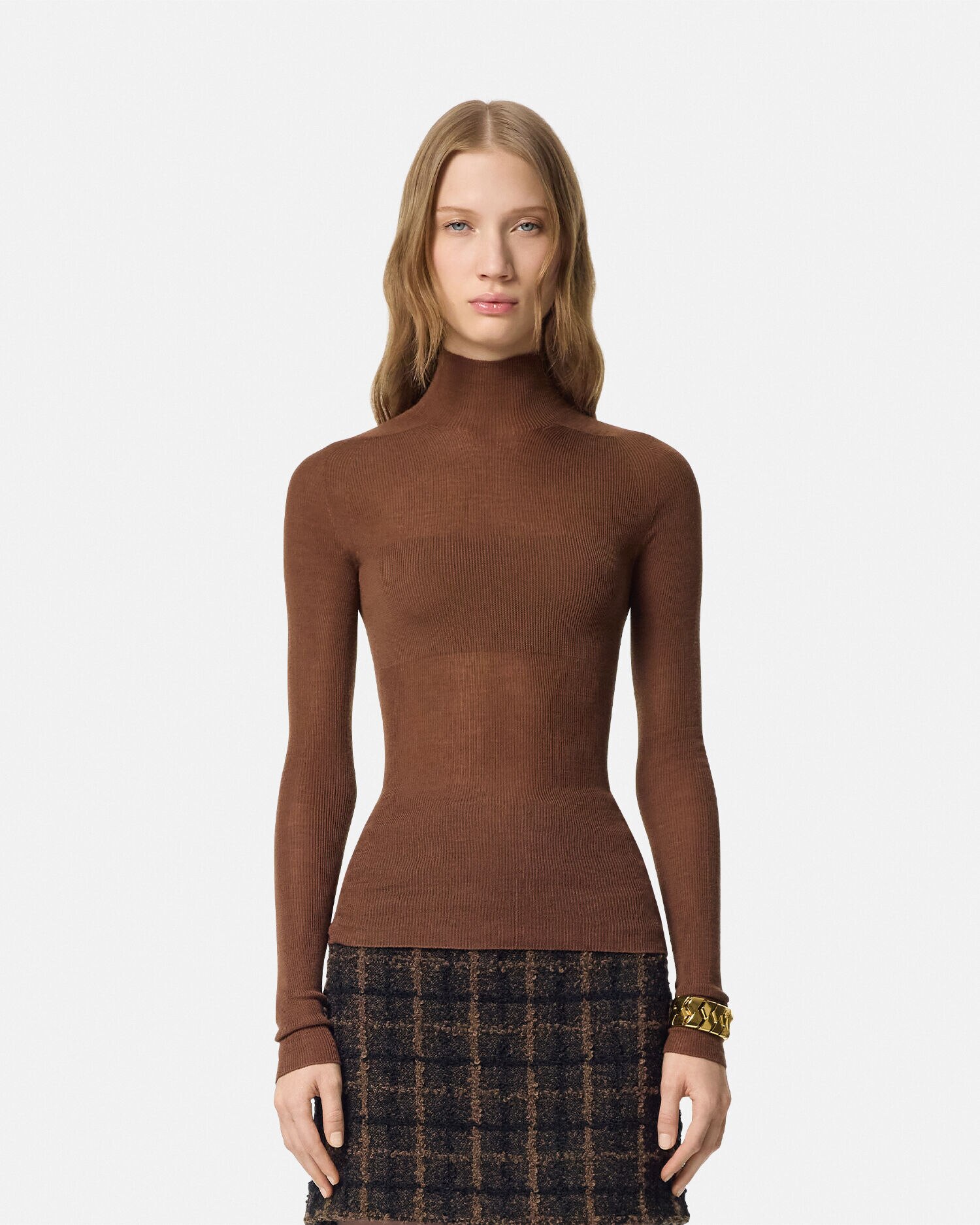 Merino Wool Fitted Ribbed Knit Top Brown | VERSACE US