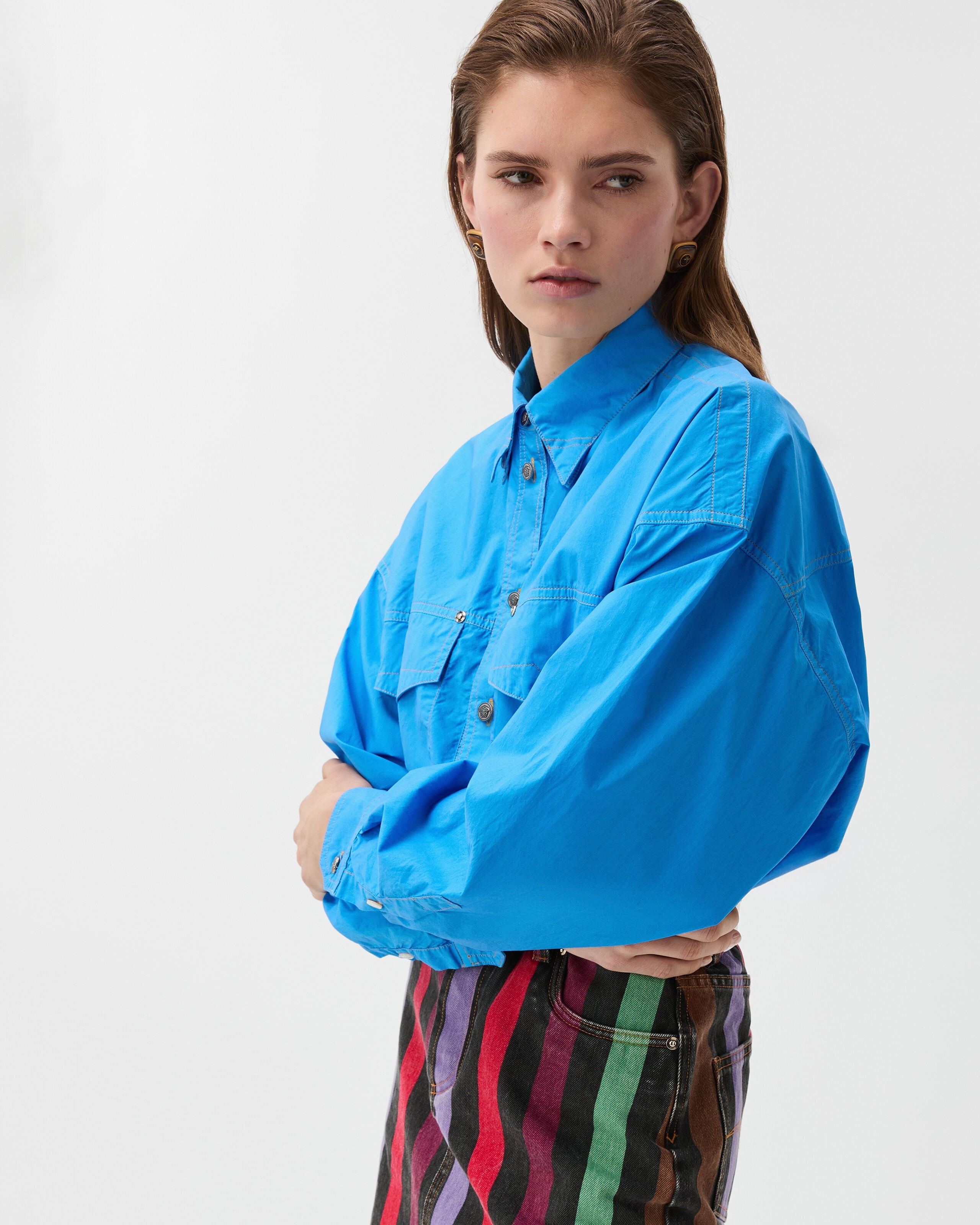 Cotton-Poplin Crop Shirt Blue | VERSACE CA