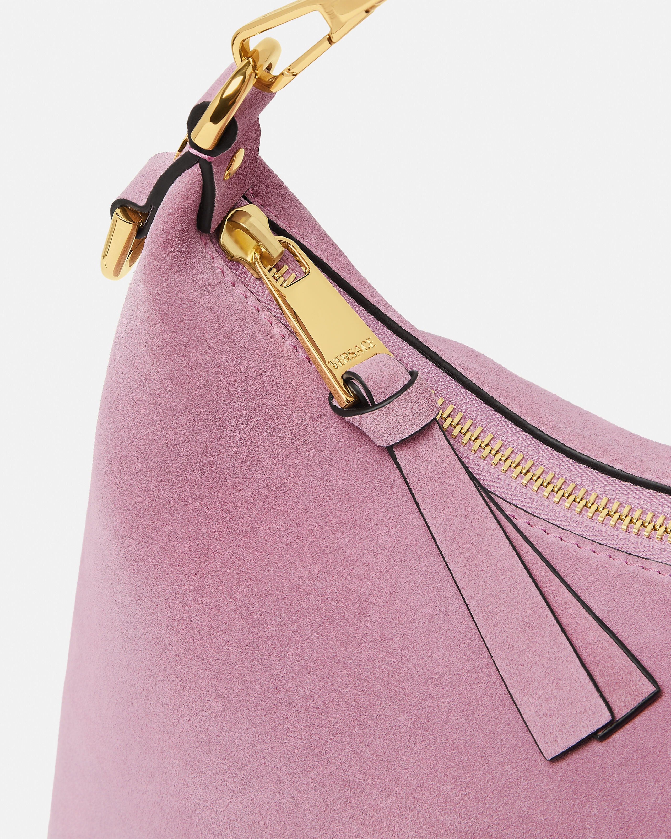 Versace Tag Suede Hobo Bag Pink,Gold | VERSACE US