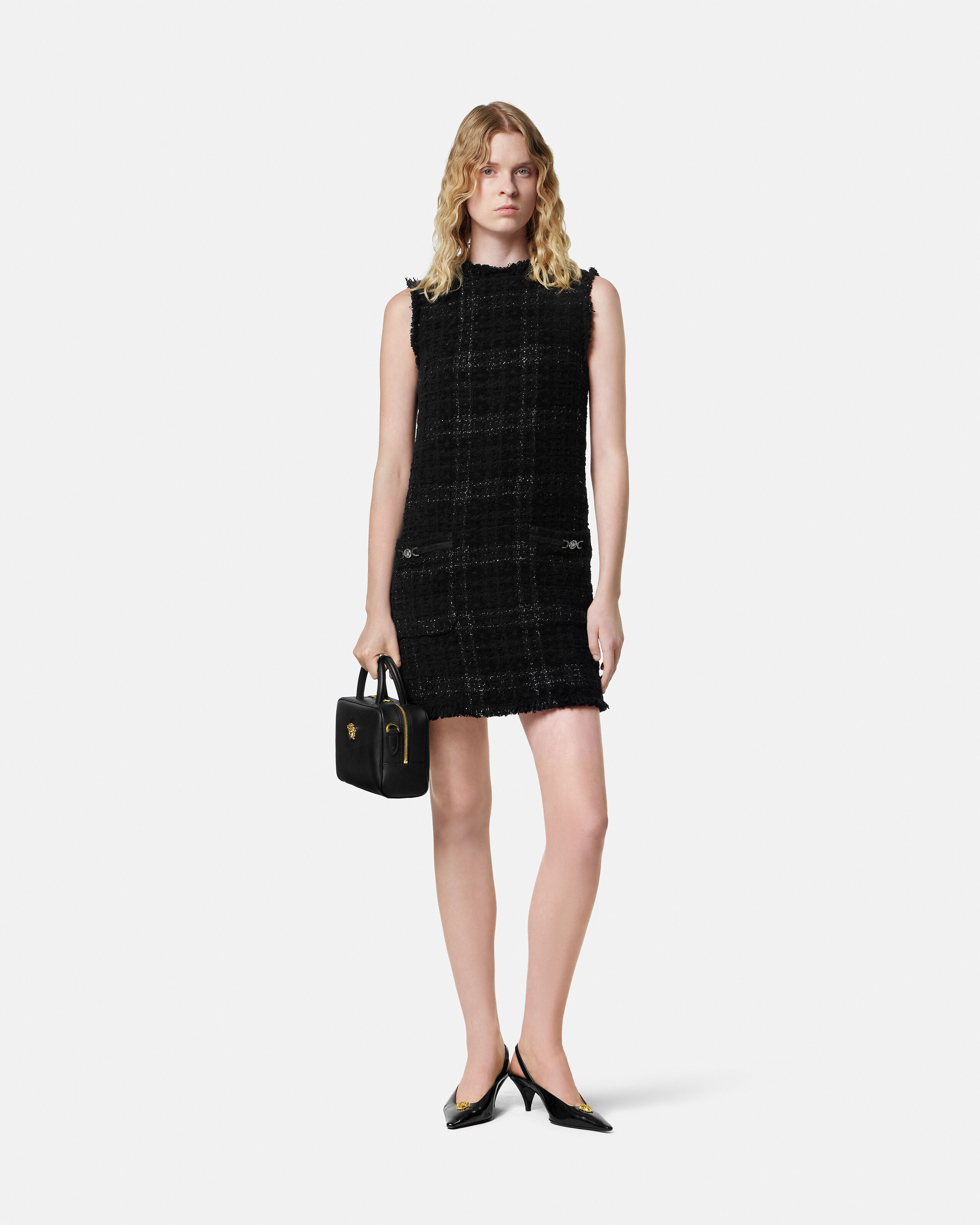 Tweed Cotton Mini Dress Black | VERSACE