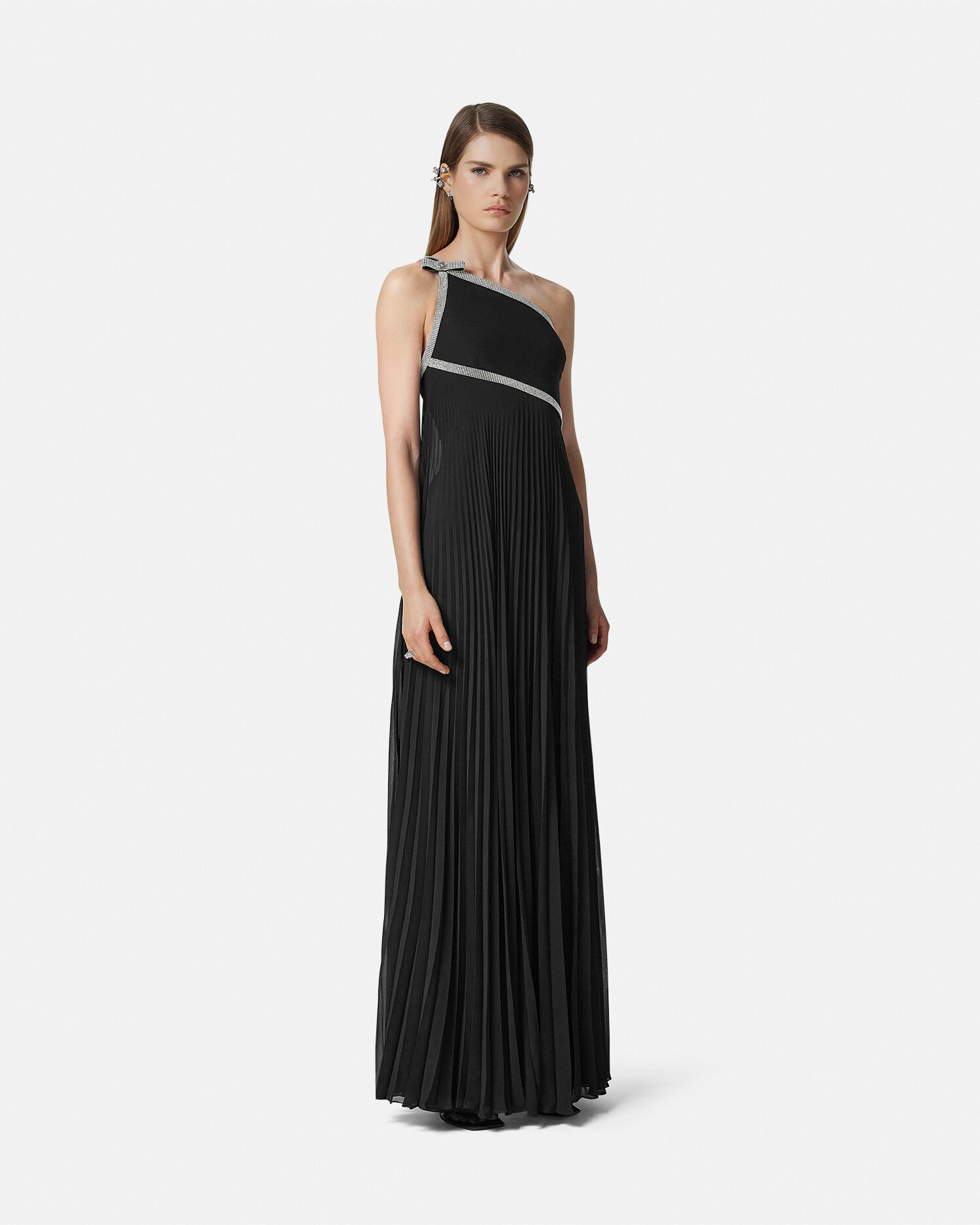 Crystal One-Shoulder Pleated Gown | VERSACE US