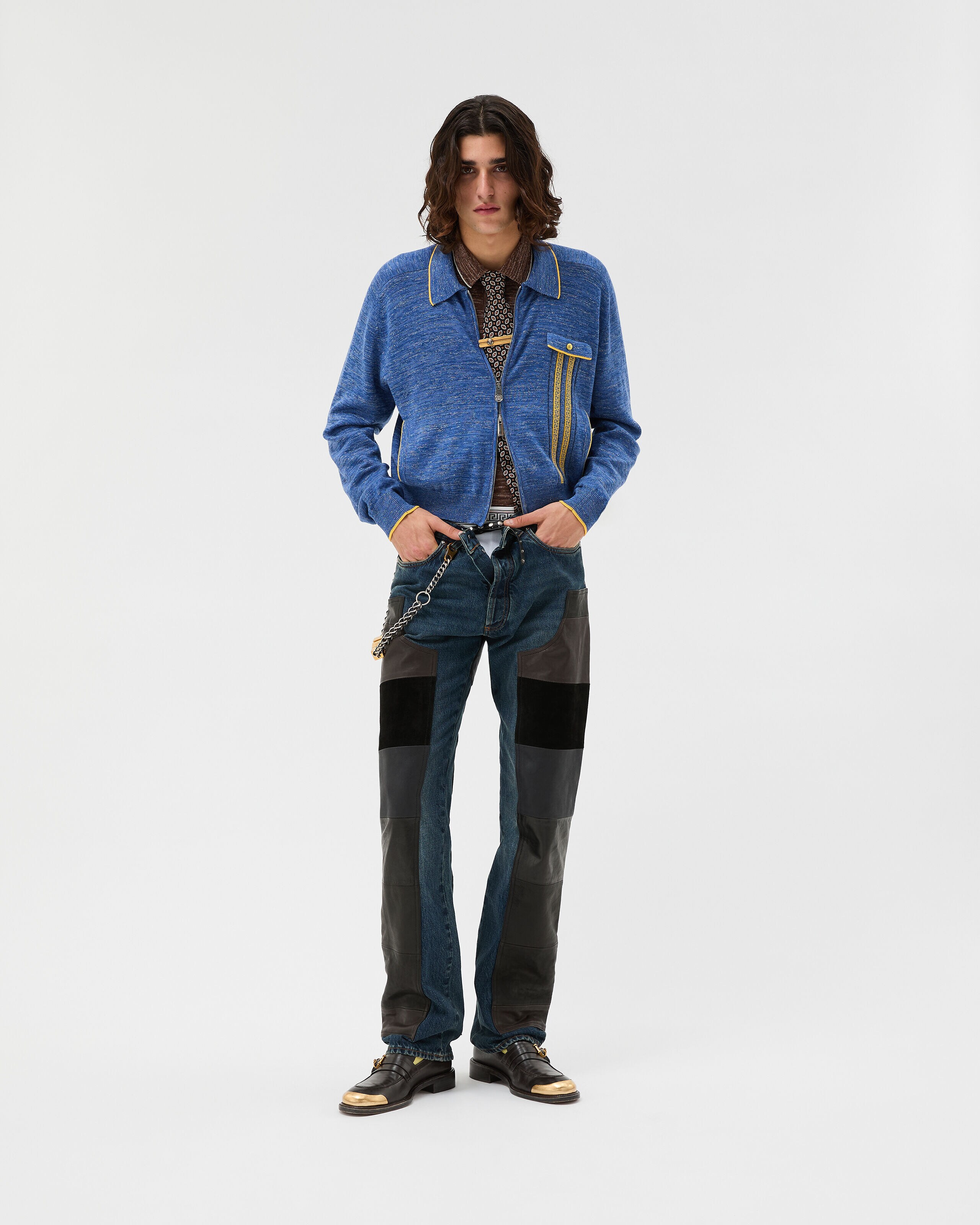 Leather Patchwork Straight Jeans Blue,Black | VERSACE US