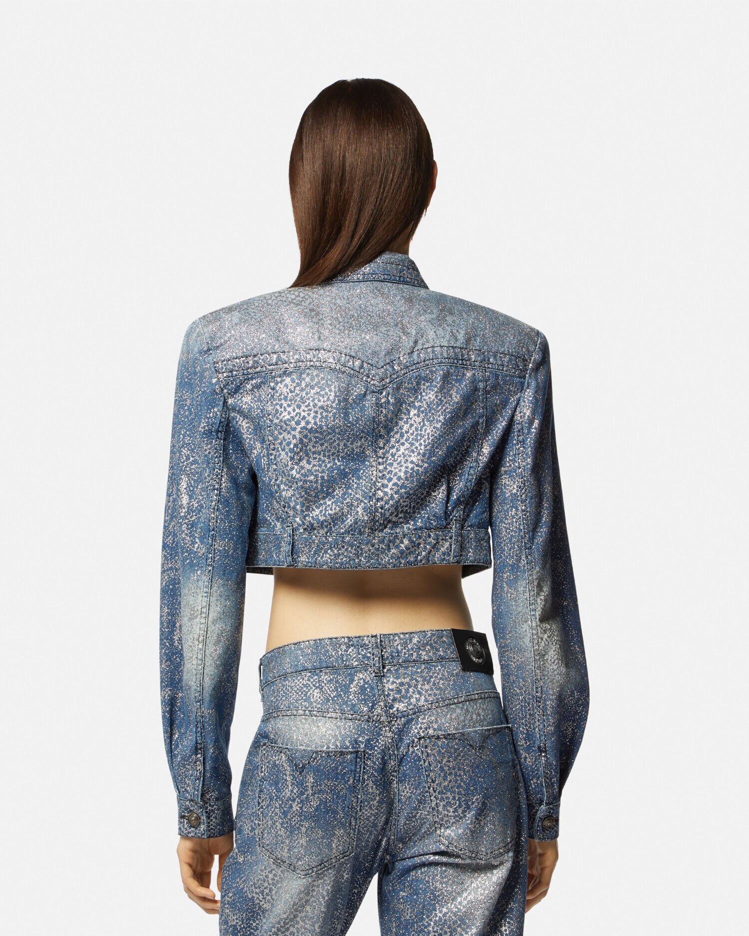 Glitter Animalier Crop Denim Jacket Blue VERSACE