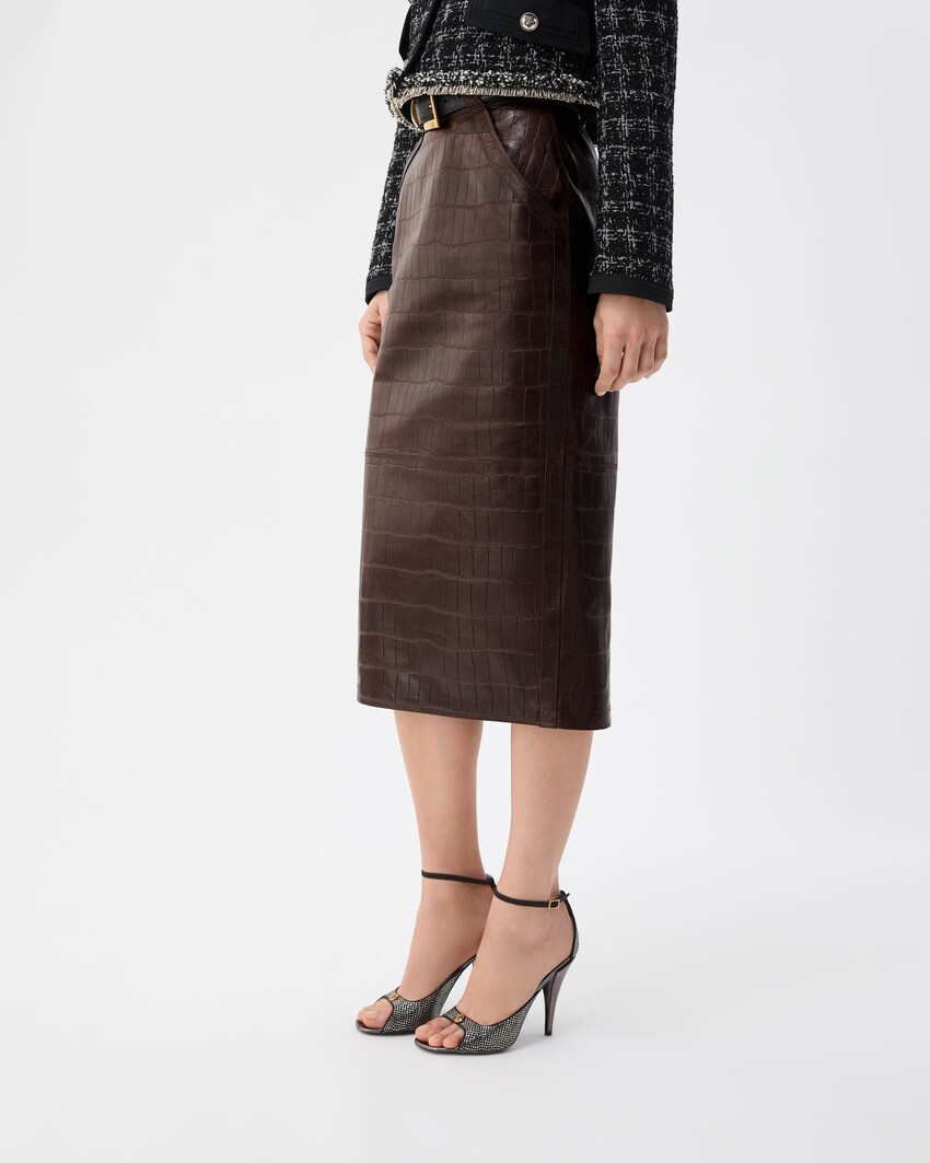  Croc-Effect Nappa Midi Skirt Brown 3