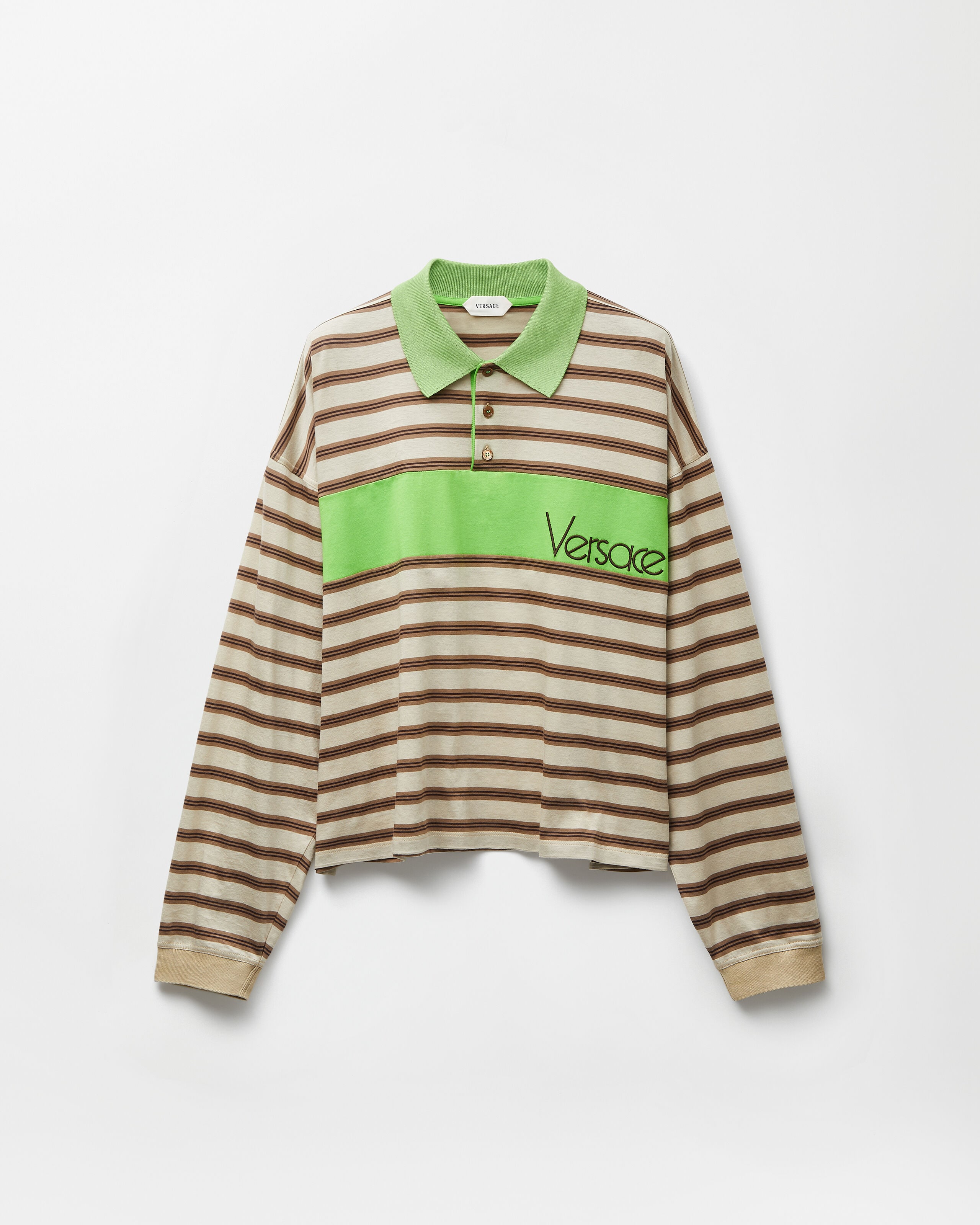 Embroidered Logo Striped Intarsia Cotton Polo Green,Brown | VERSACE US