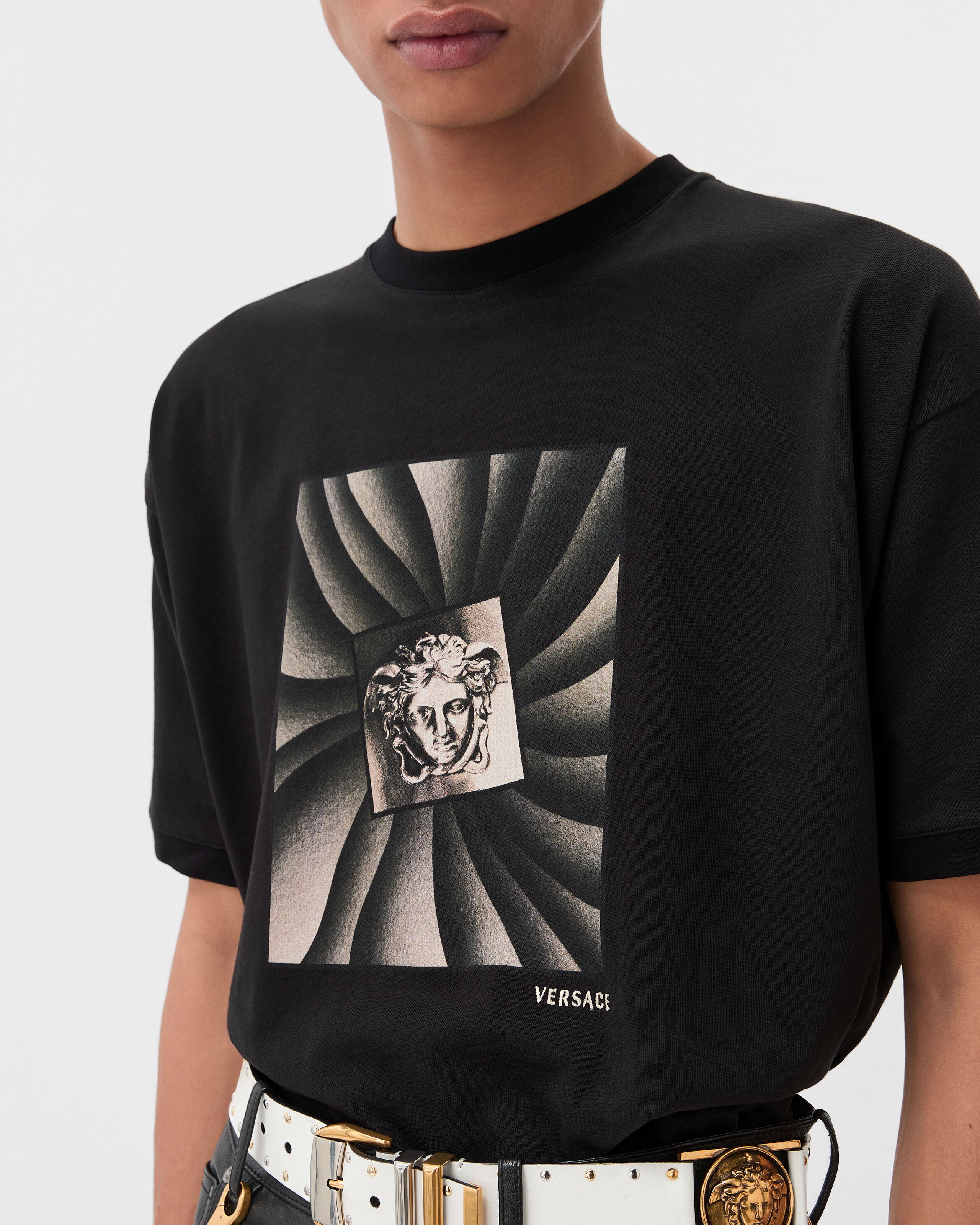 Printed Cotton-Jersey Regular T-Shirt Black | VERSACE US