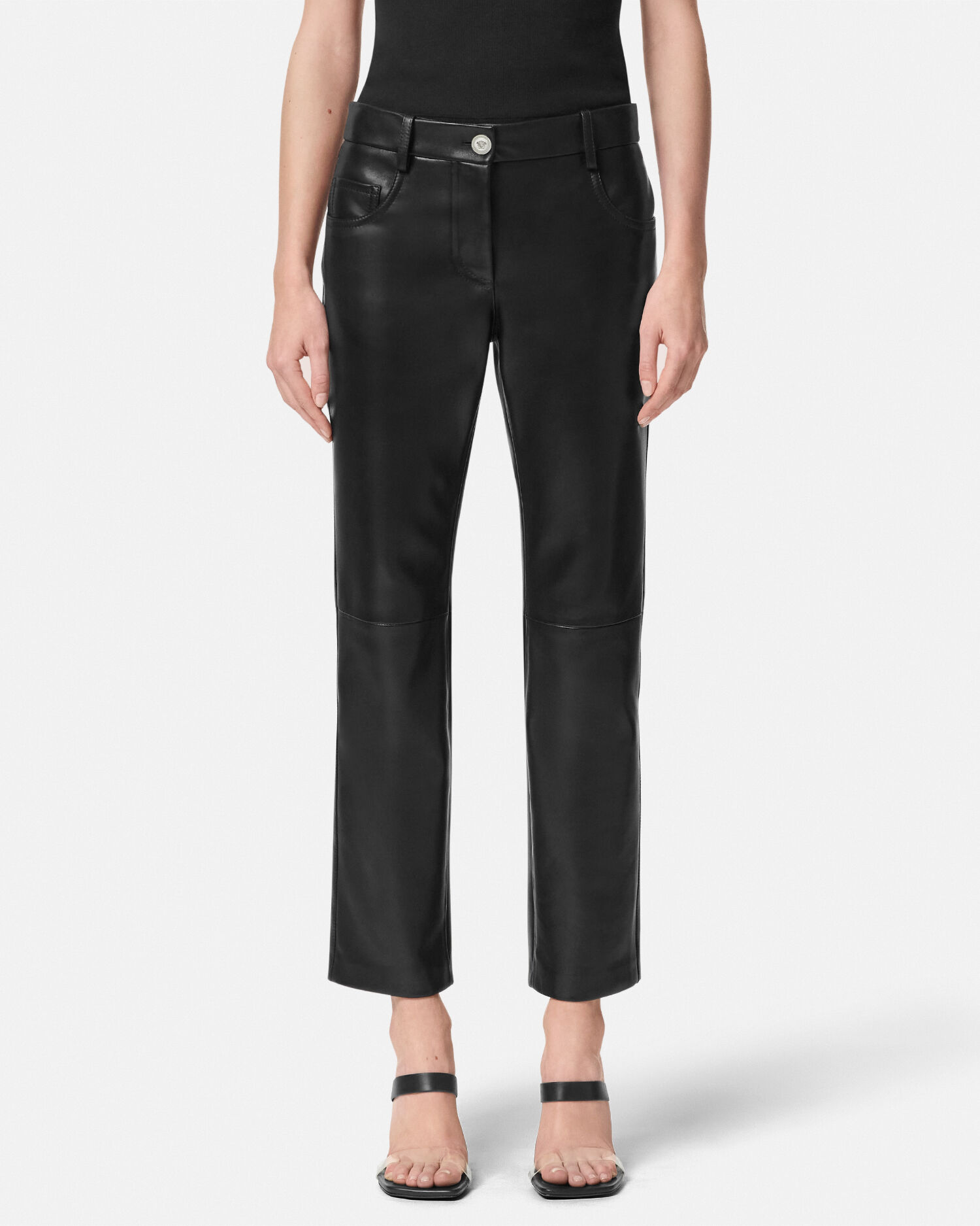 Plonge Leather Crop Straight Fit Pants VERSACE US