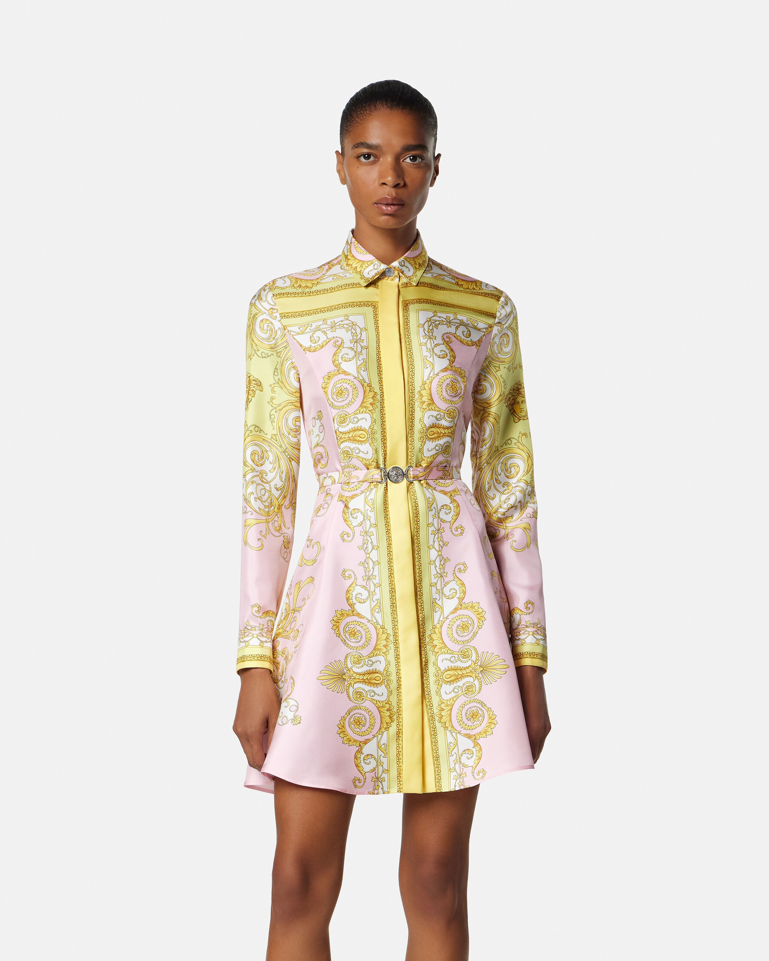 Printed Silk Twill Mini Shirt Dress Yellow,Pink | VERSACE US