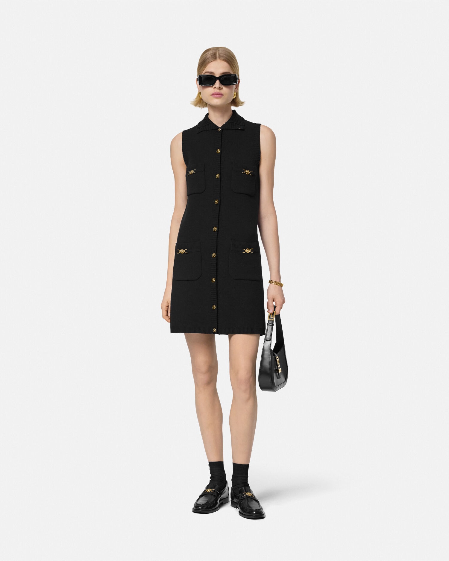 Cashmere-Blend Shift Knit Mini Dress Black | VERSACE US