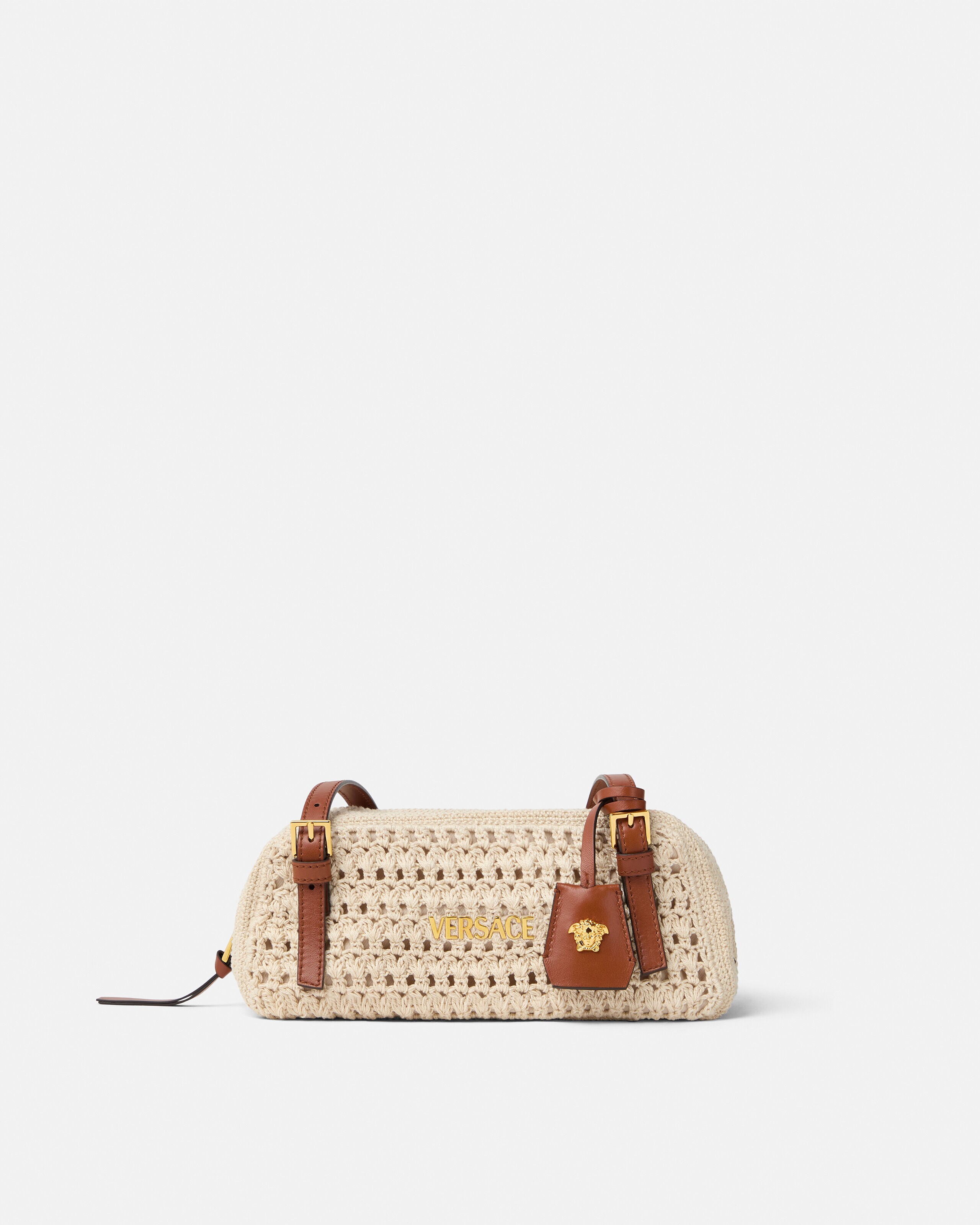 Versace Tag Raffia Bowling Bag Beige | VERSACE US