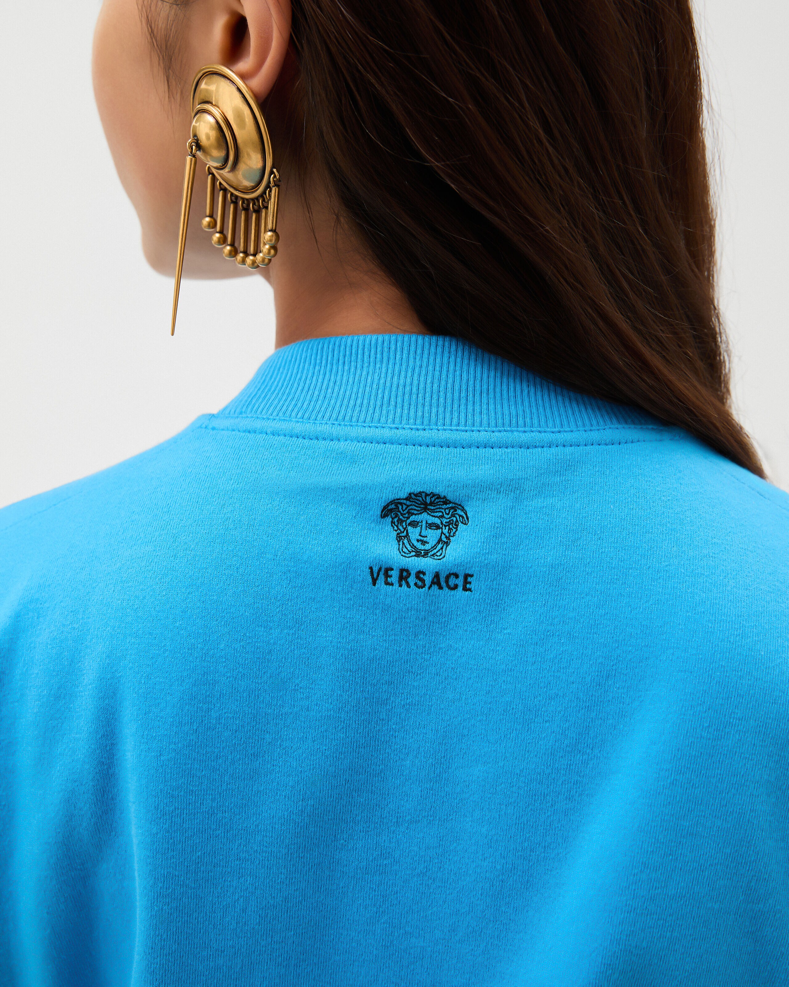 Embroidered Stretch Cotton-Jersey T-Shirt Blue | VERSACE