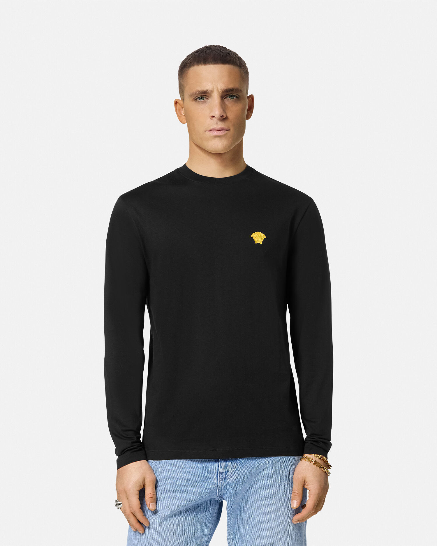 Embroidered Cotton-Jersey T-Shirt Black | VERSACE
