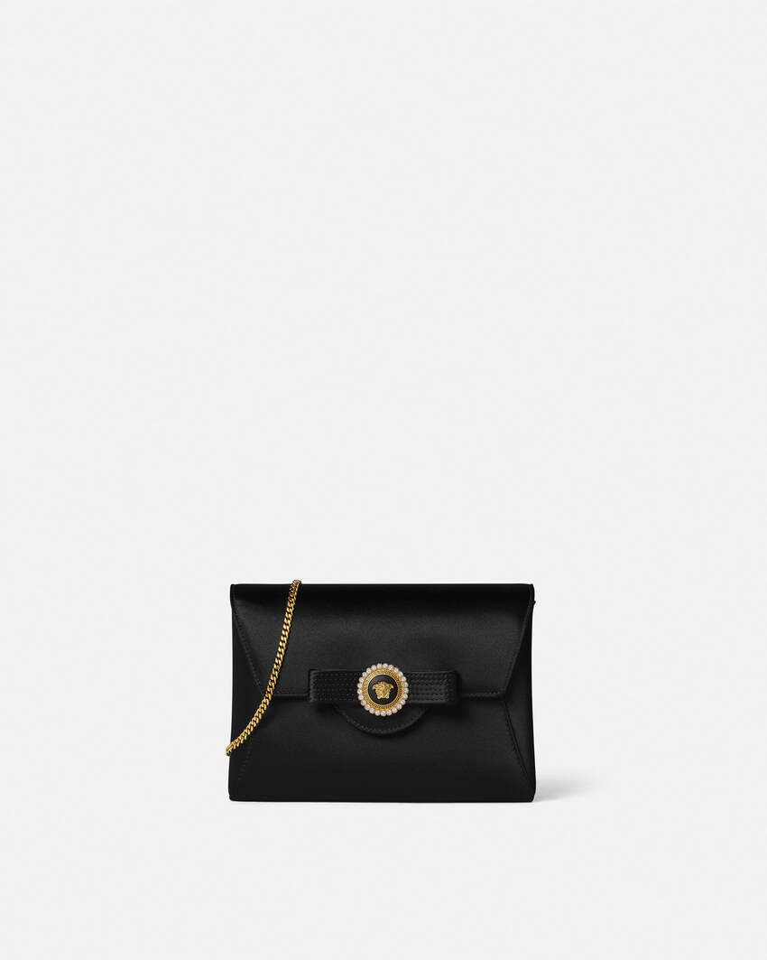 Crystal Gianni Ribbon Satin Clutch Black+Gold 1
