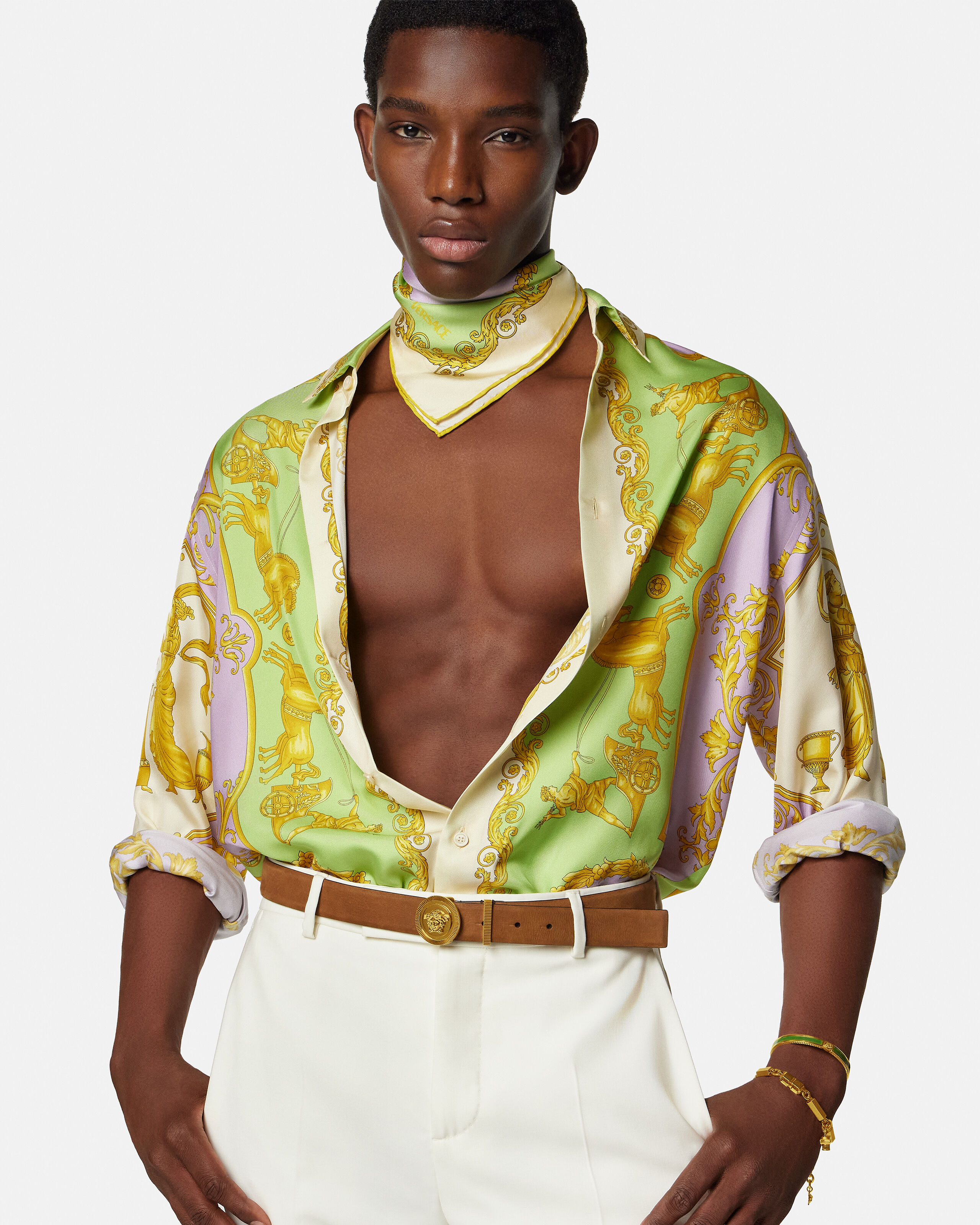 Printed Silk Twill Scarf 90 cm Purple,Green | VERSACE US