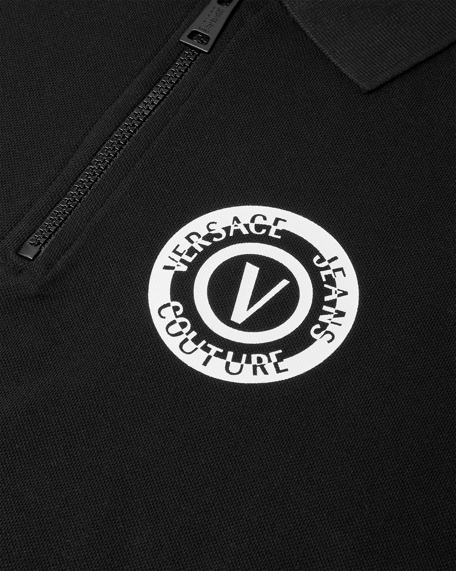 V Emblem Zip Polo Shirt Black Print VERSACE US