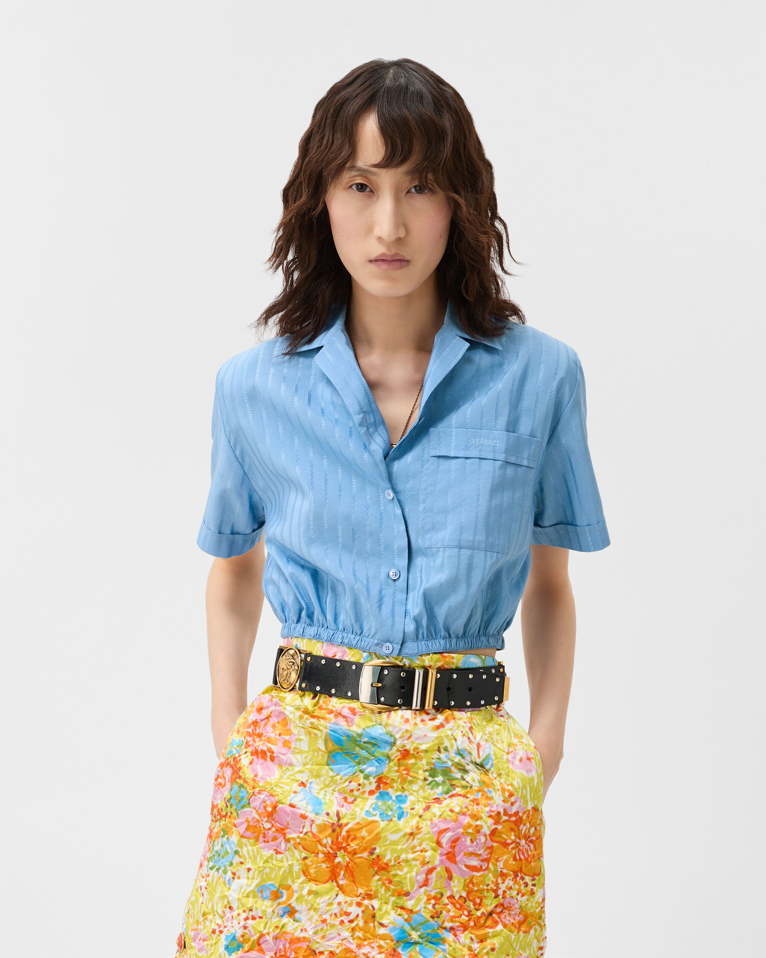 Jacquard Cotton-Silk Crop Shirt Blue | VERSACE ZA
