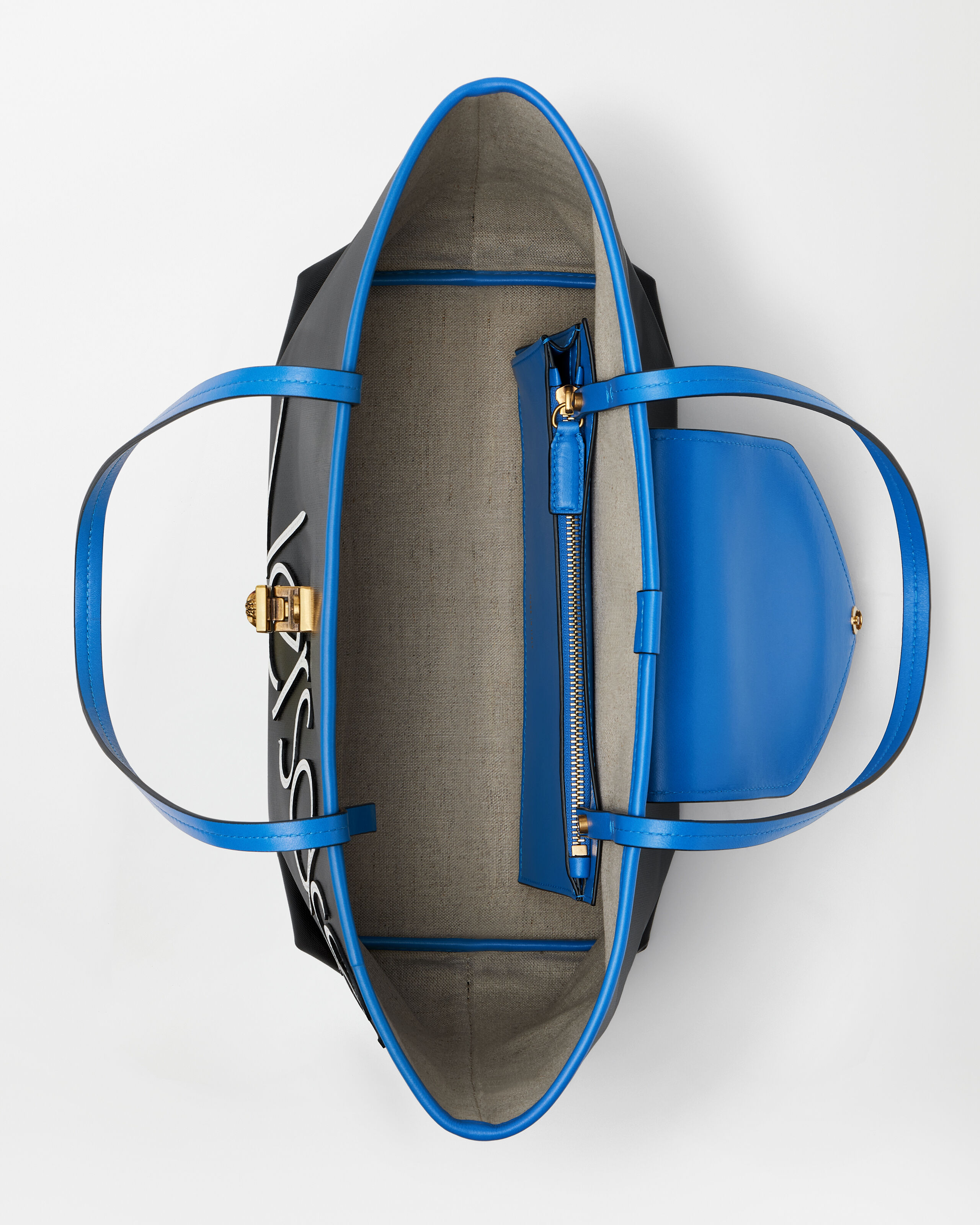 Severine Small Coated Canvas Tote Blue,Black | VERSACE US