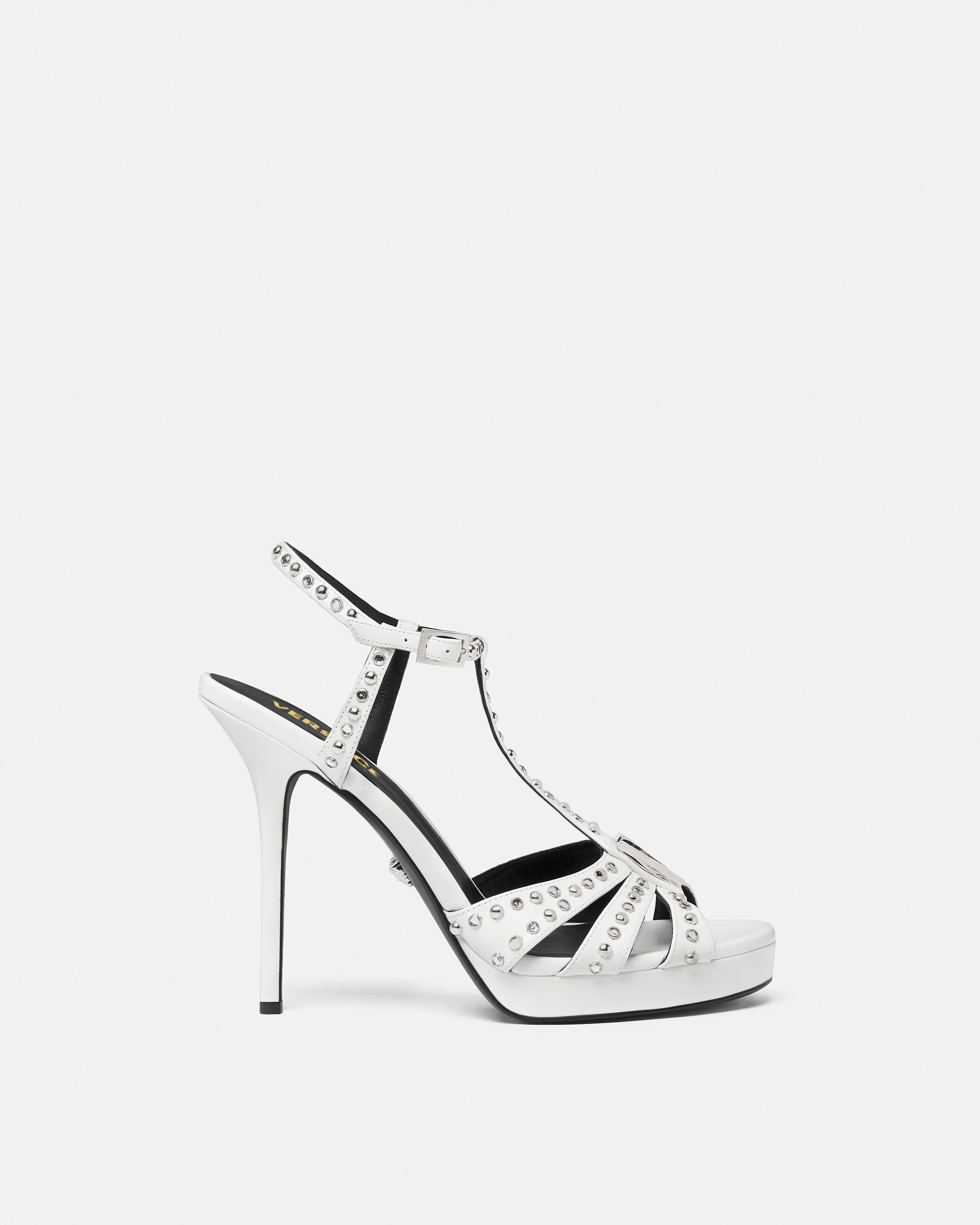 V Embellished Leather Sandals 115 mm White | VERSACE US