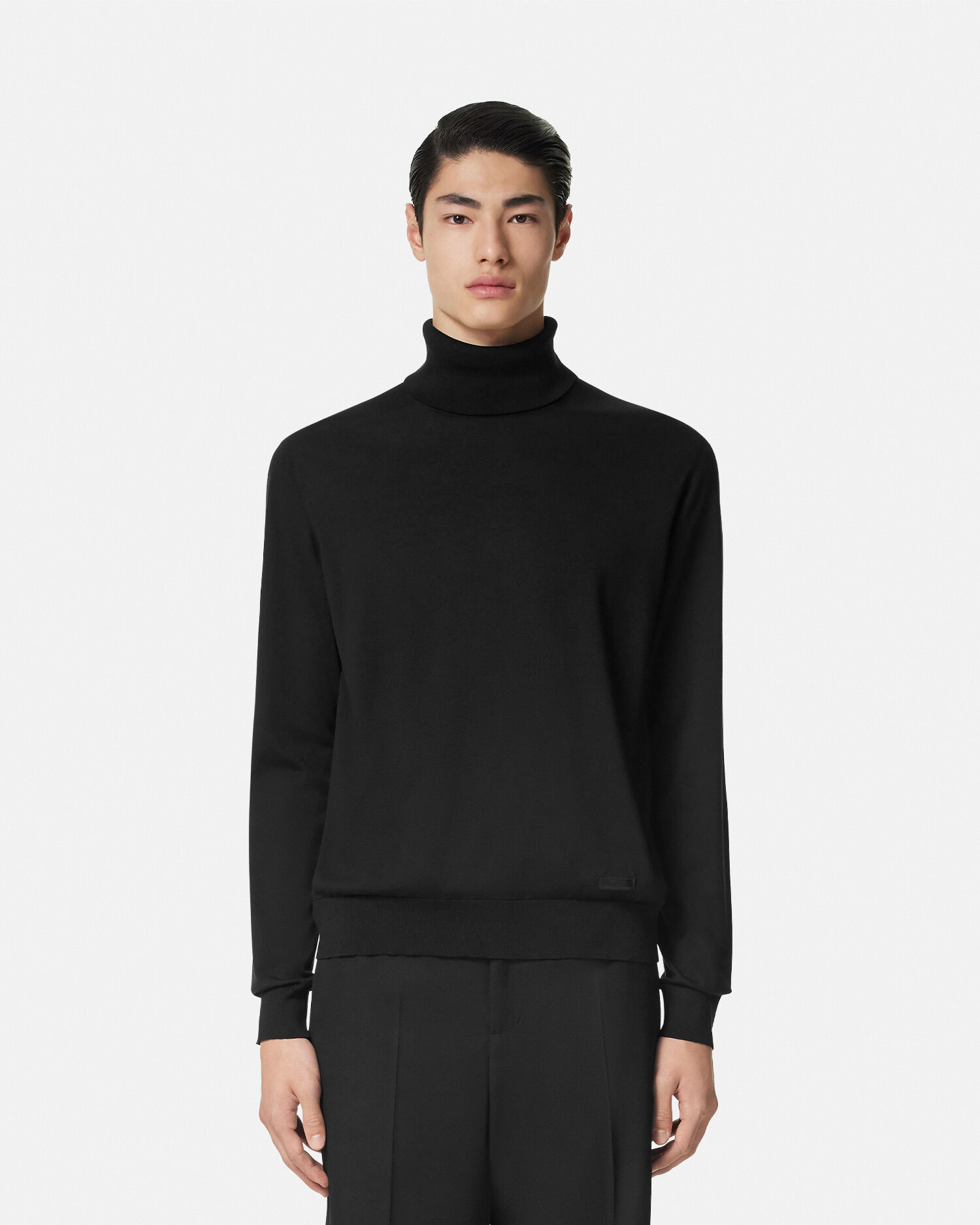 Black silk turtleneck sweater on sale