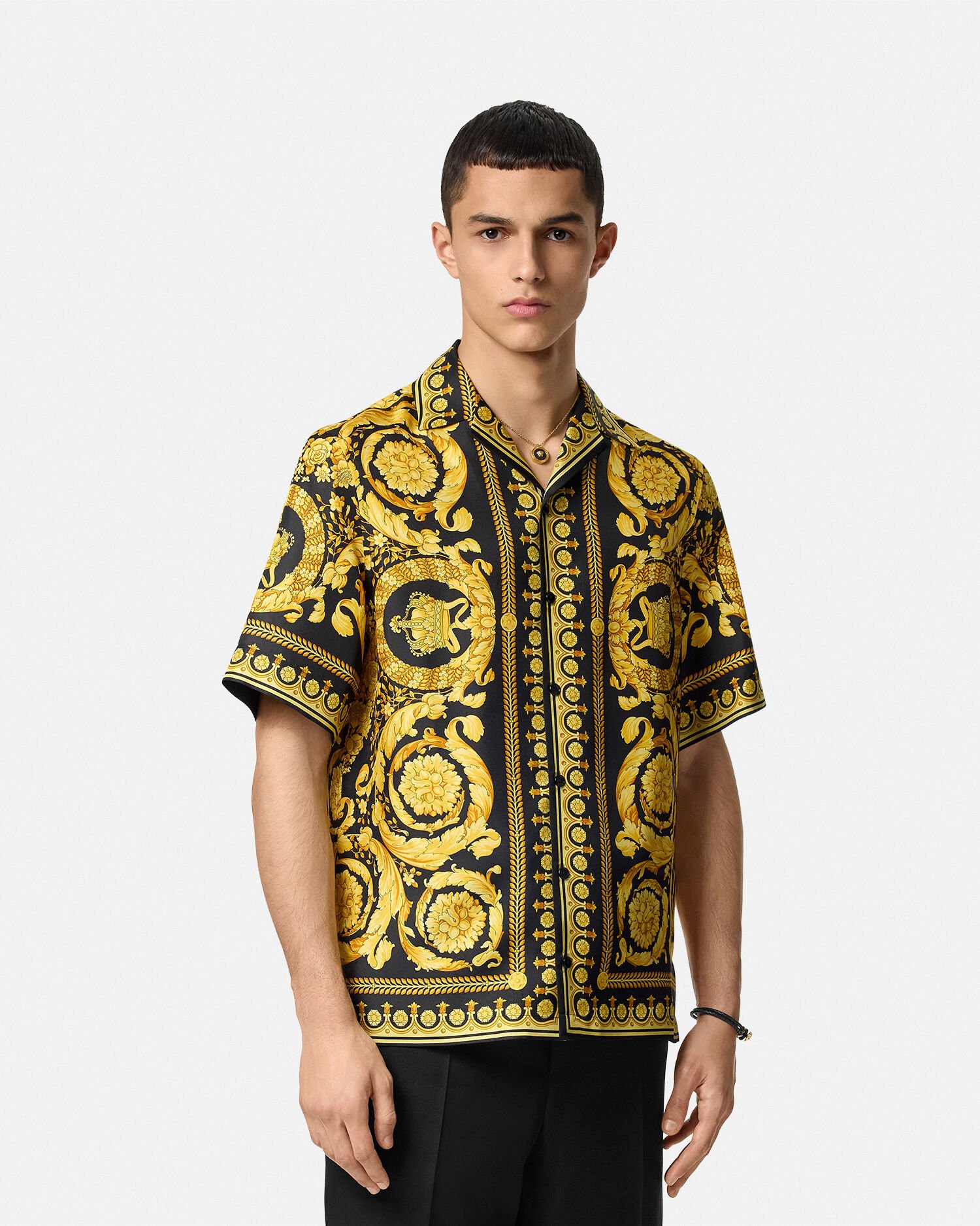 Printed Silk Twill Shirt Black,Print | VERSACE