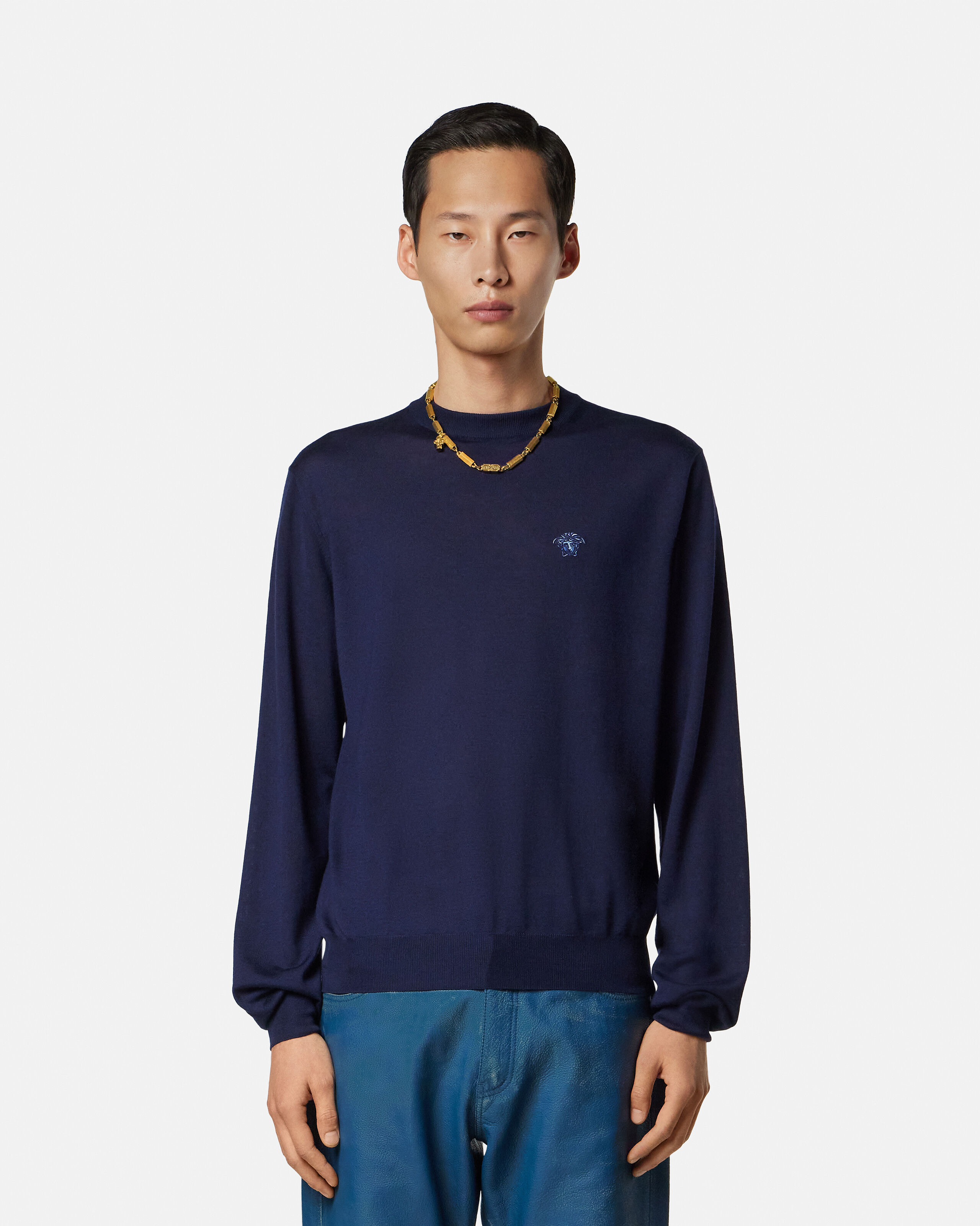 Wool-Blend Knit Sweater Blue | VERSACE US