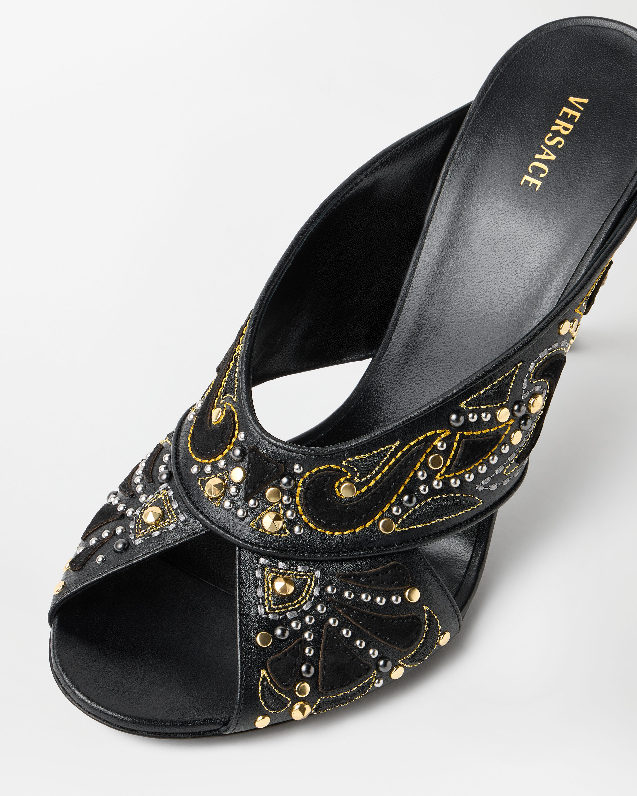 GIANNIVERSACE刺繍ミュール Gianni Embroidered Leather Mules 90 mm | VERSACE US