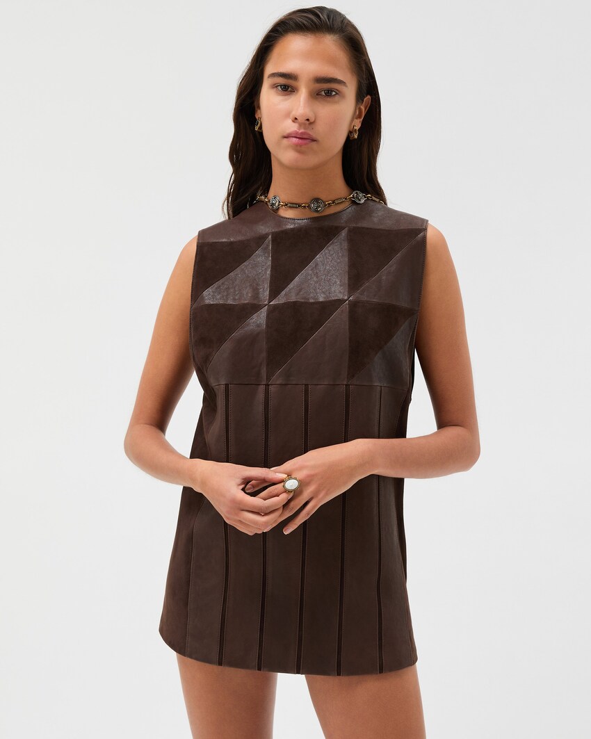 Mini robe patchwork en cuir Brun 2