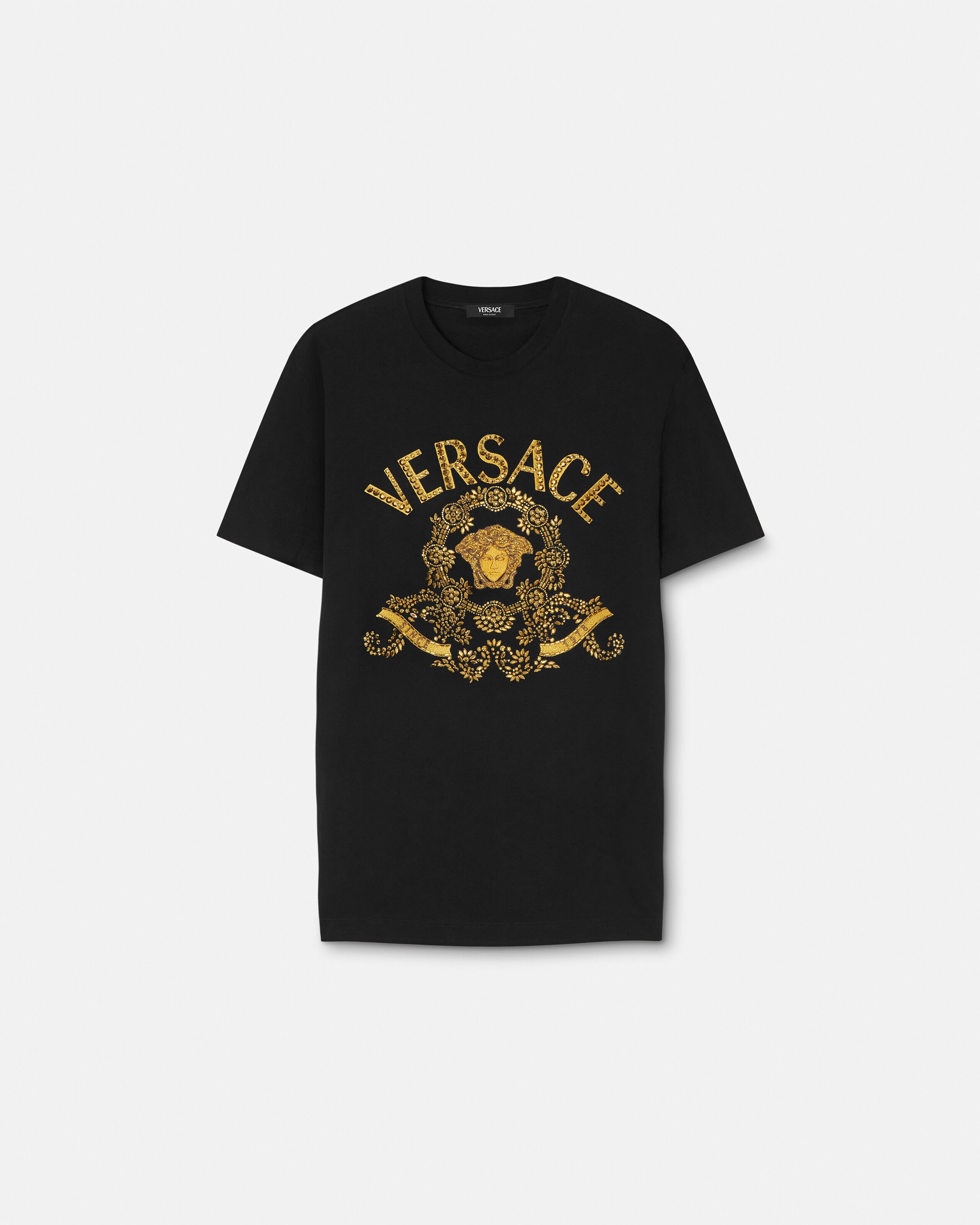 Embroidered Cotton-Jersey Slim T-Shirt Black | VERSACE