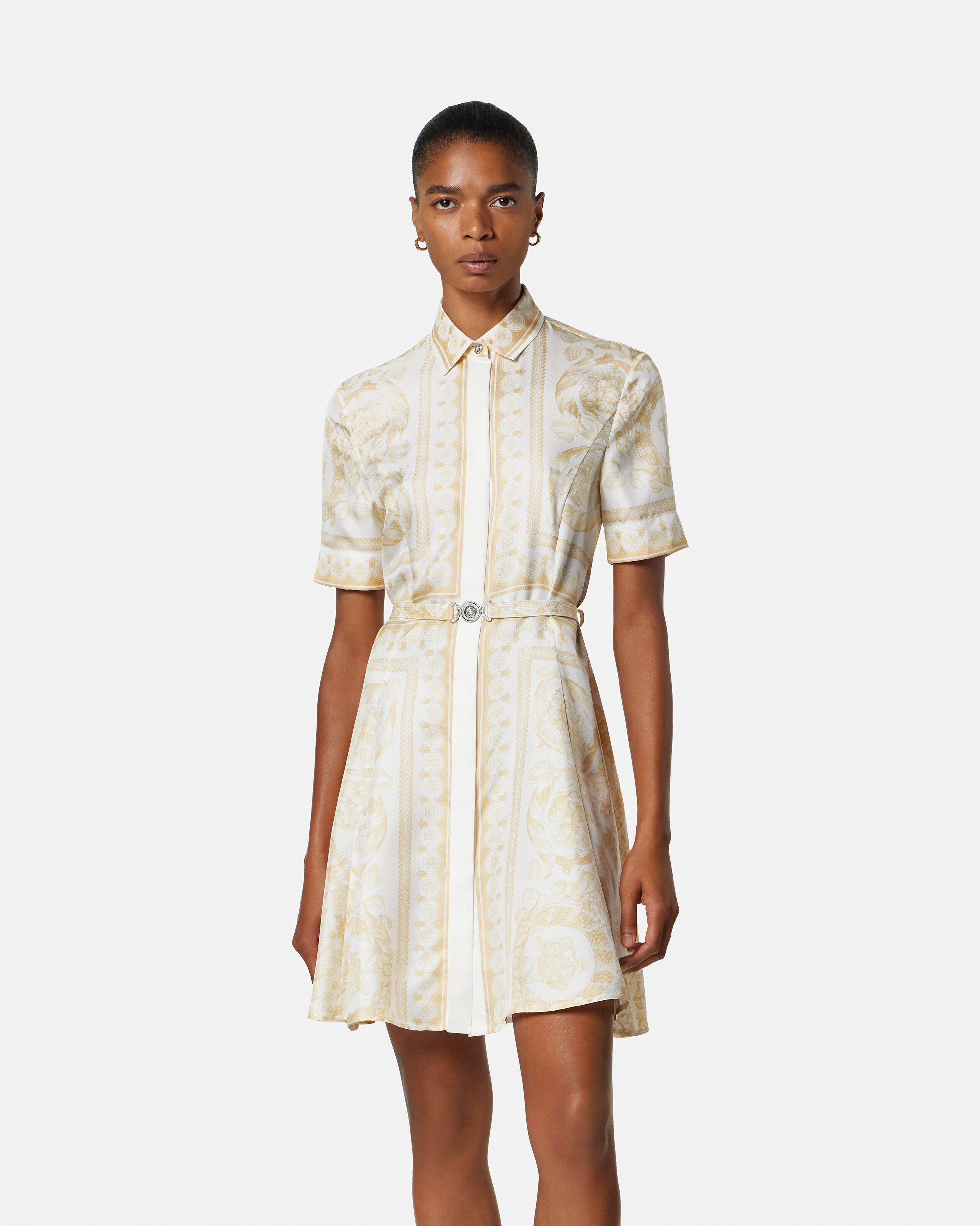 Printed Silk Twill Mini Shirt Dress White,Beige | VERSACE US
