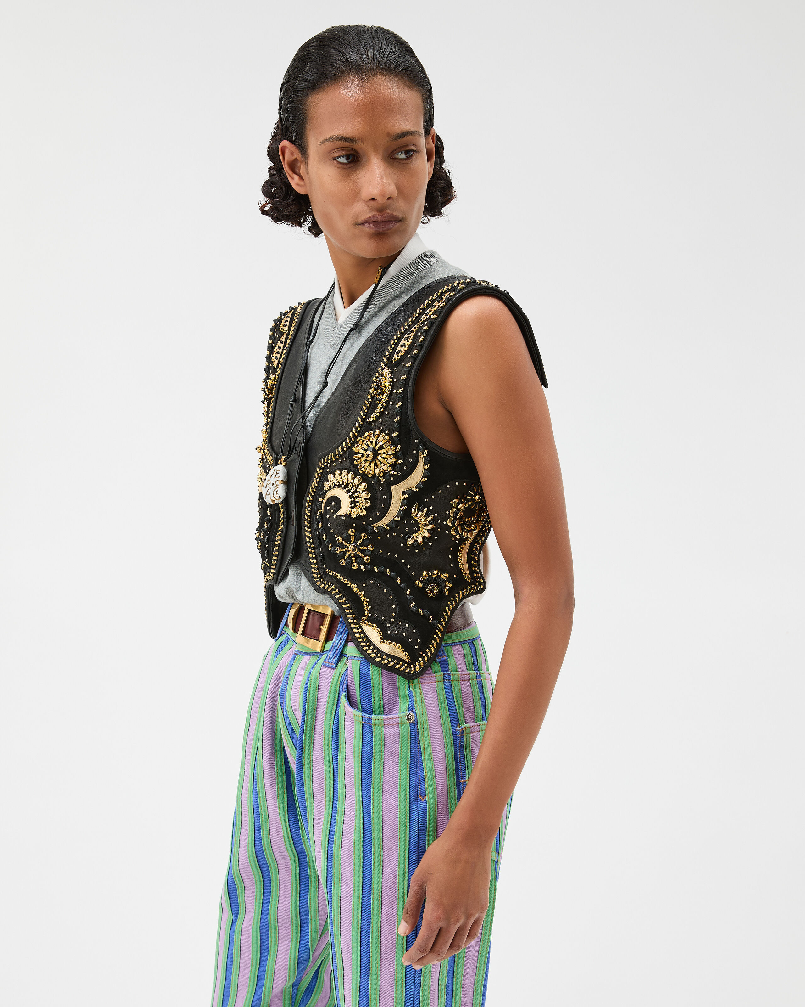 Embroidered Crop Leather Vest Black | VERSACE US