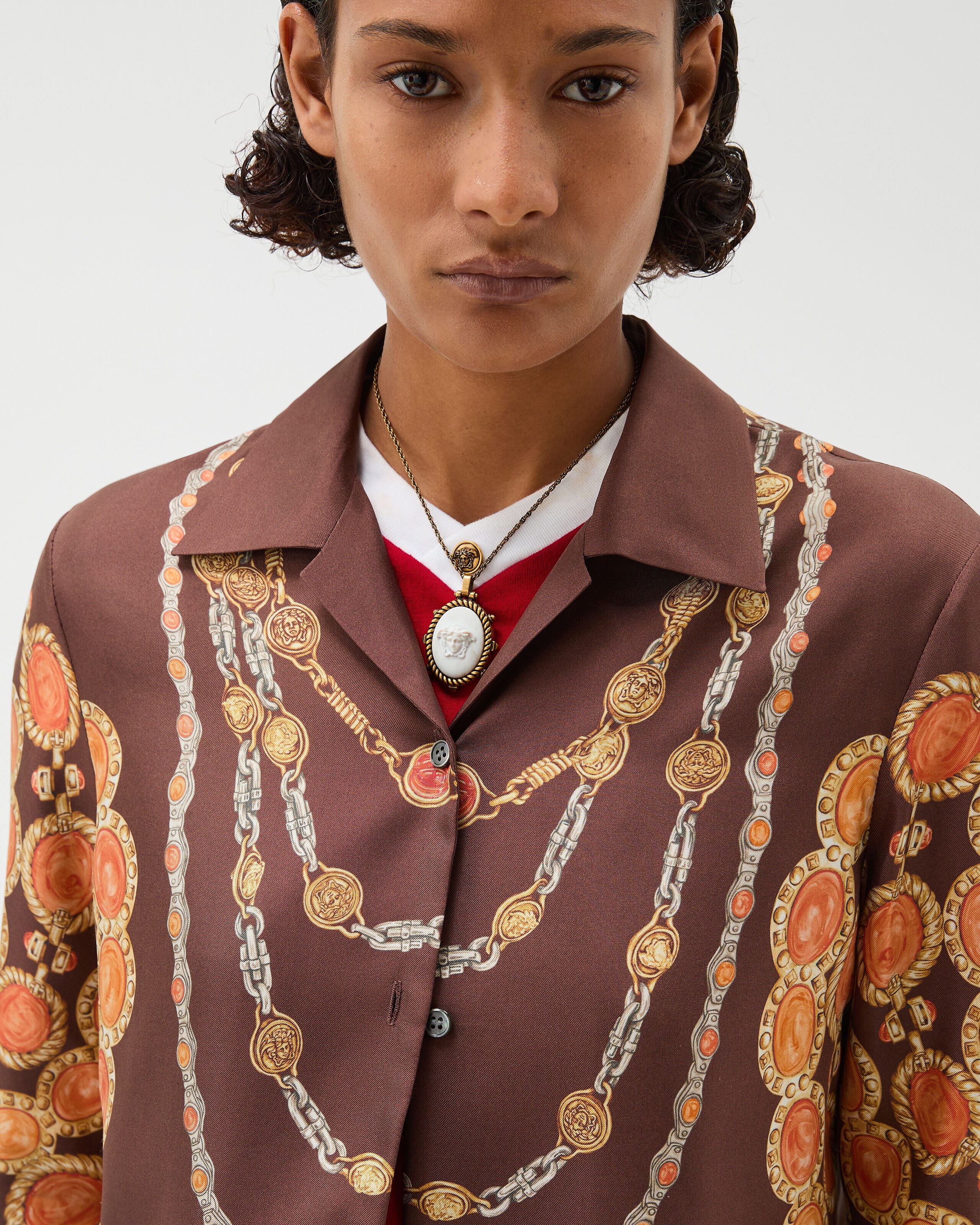 Printed Silk Twill Shirt Brown,Print | VERSACE US