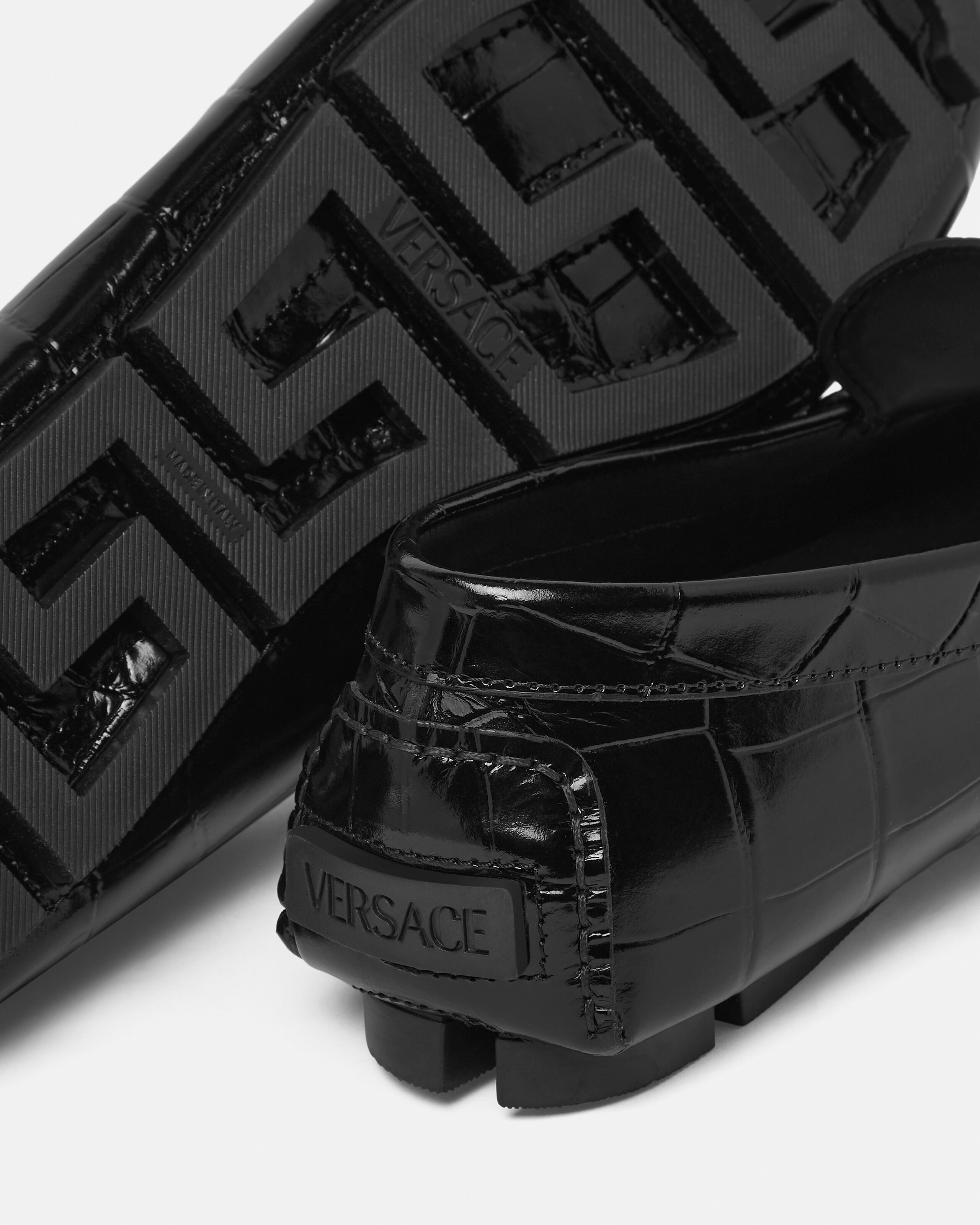 Medusa Leather Driver Shoes Black,Gold | VERSACE US