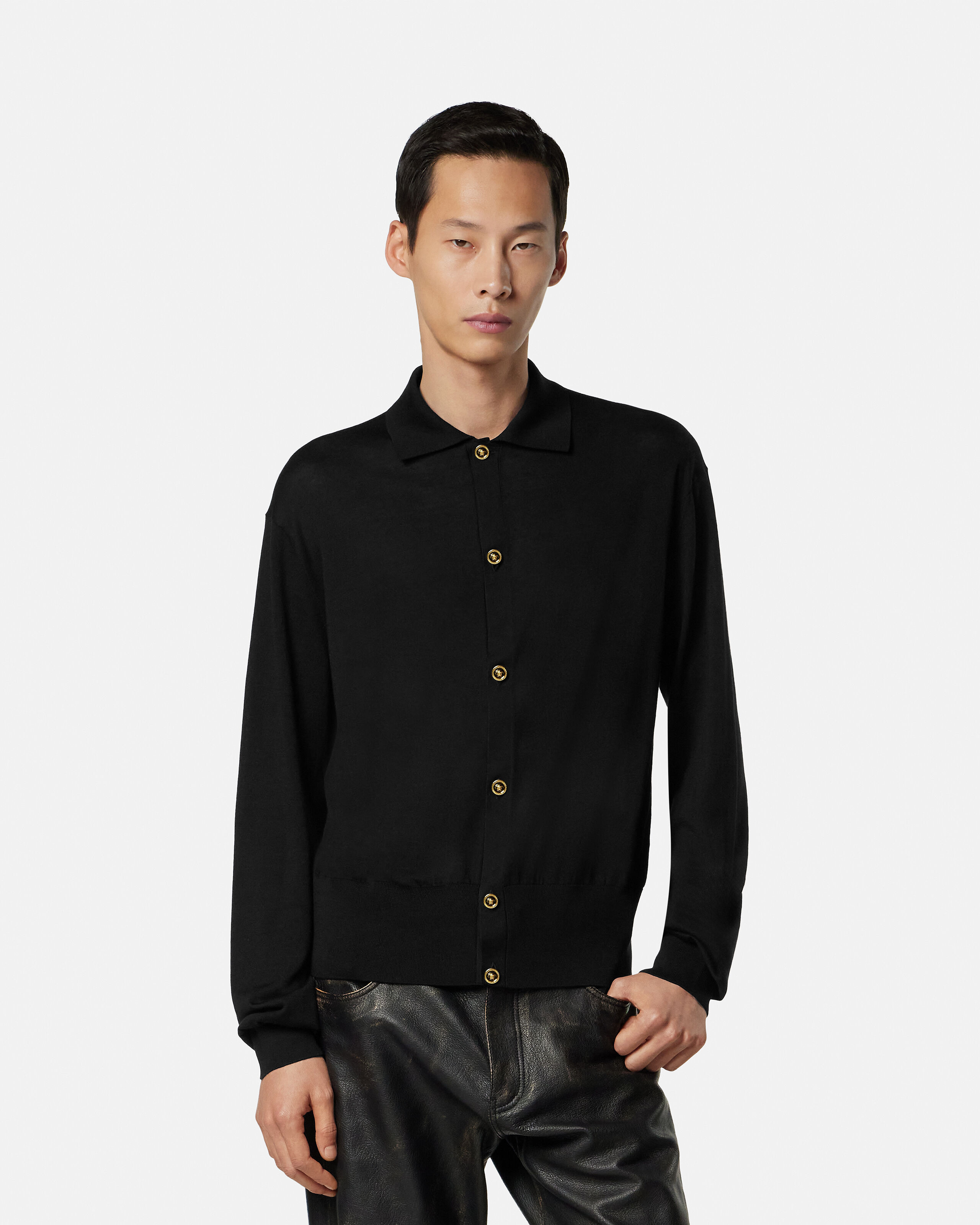 Silk-Cotton Knit Polo Cardigan Black | VERSACE US