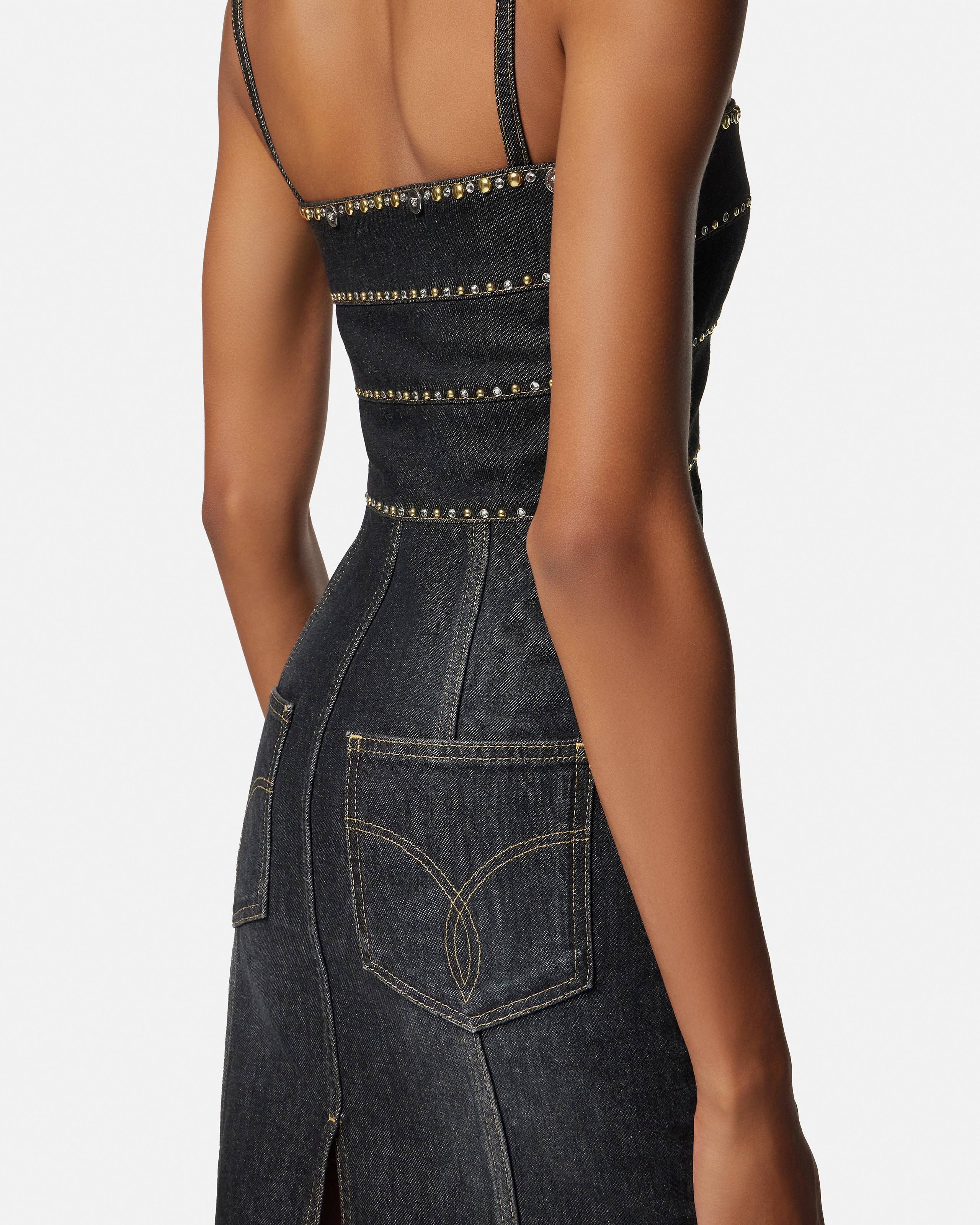 Embellished Denim Fitted Midi Dress