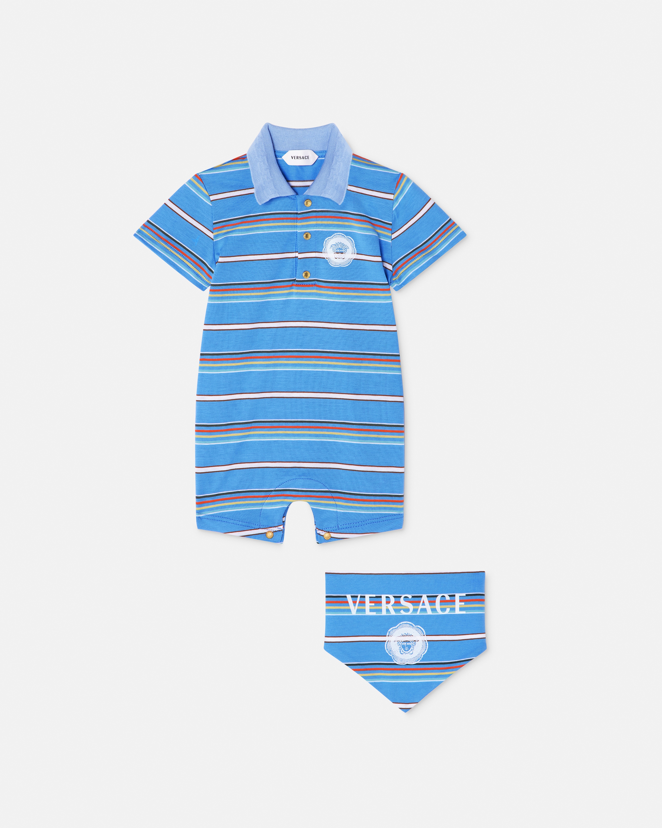 Versace Baby Printed Striped Sleepsuit & Bandana Bib Set In Light Blue