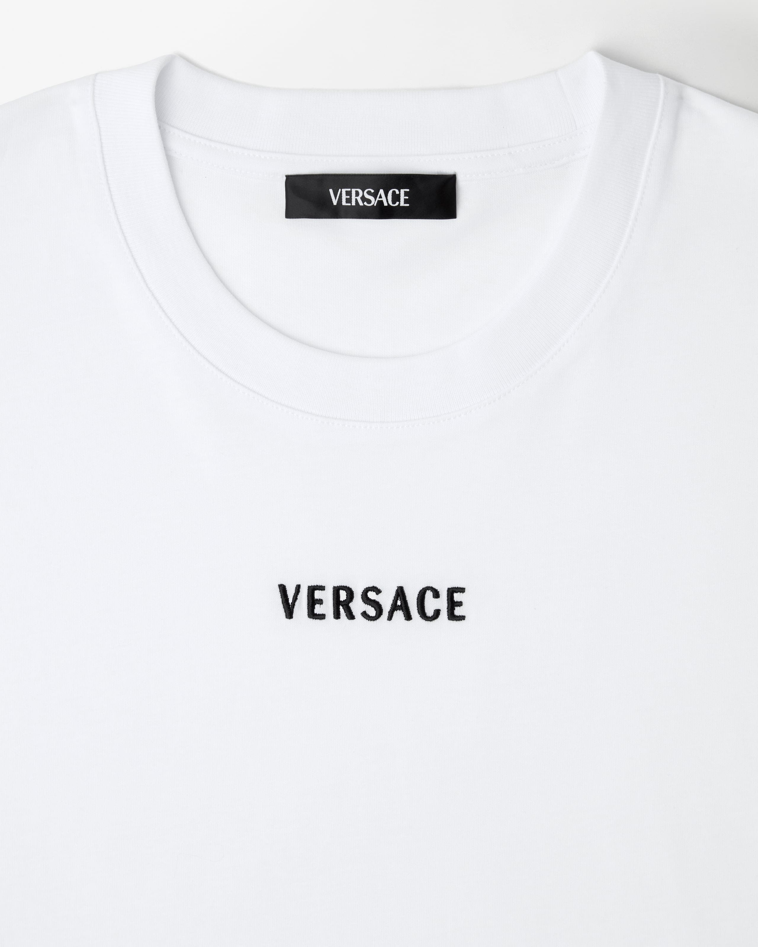 Embroidered Cotton-Jersey Slim T-Shirt Blue | VERSACE US